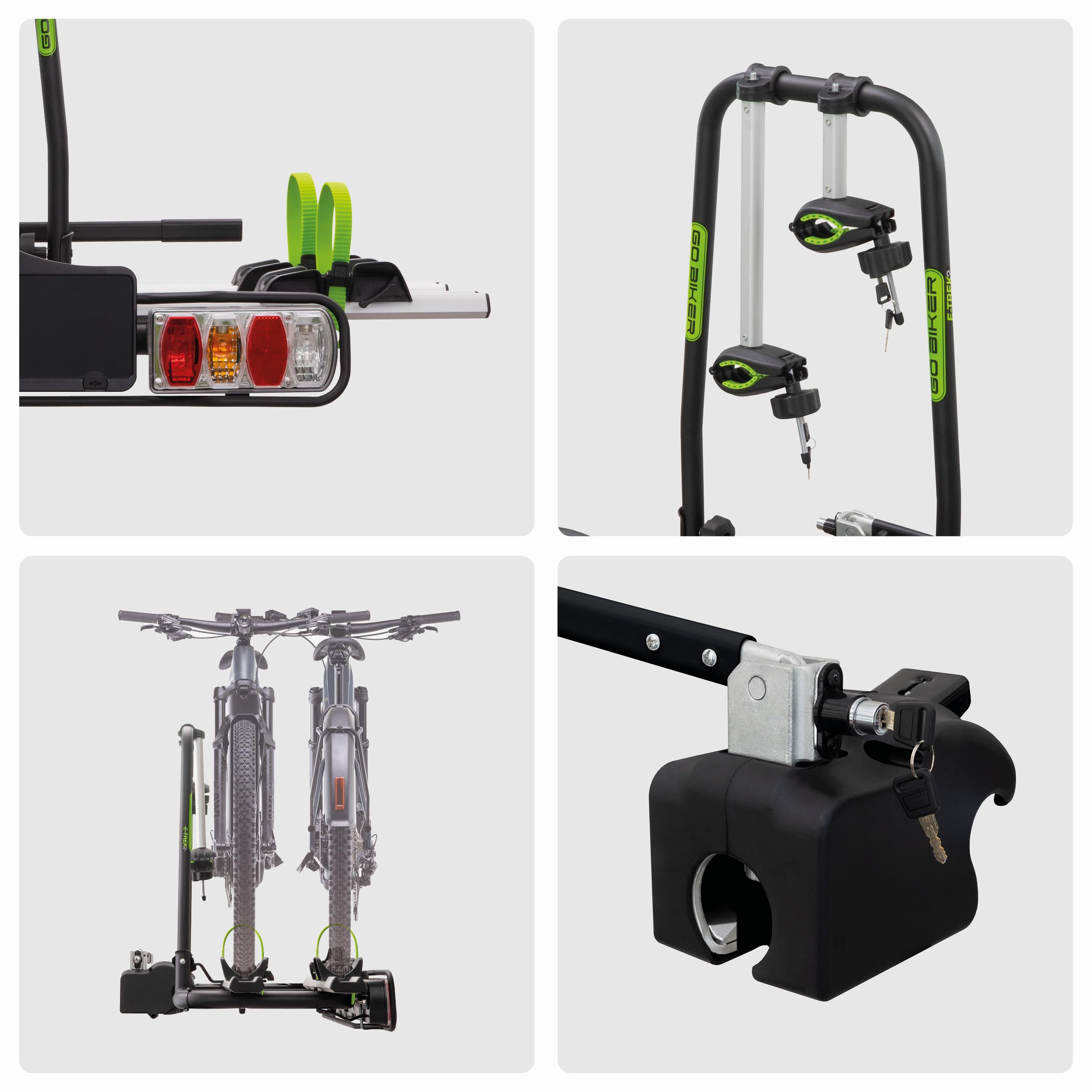 E-Trek Portabicicletas para 2 Bicicletas eléctricas- Enganche a Bola de Remolque con Palanca - Cierre de Seguridad - Chasis Acero/Aluminio - Soporta 30kg por Carril
