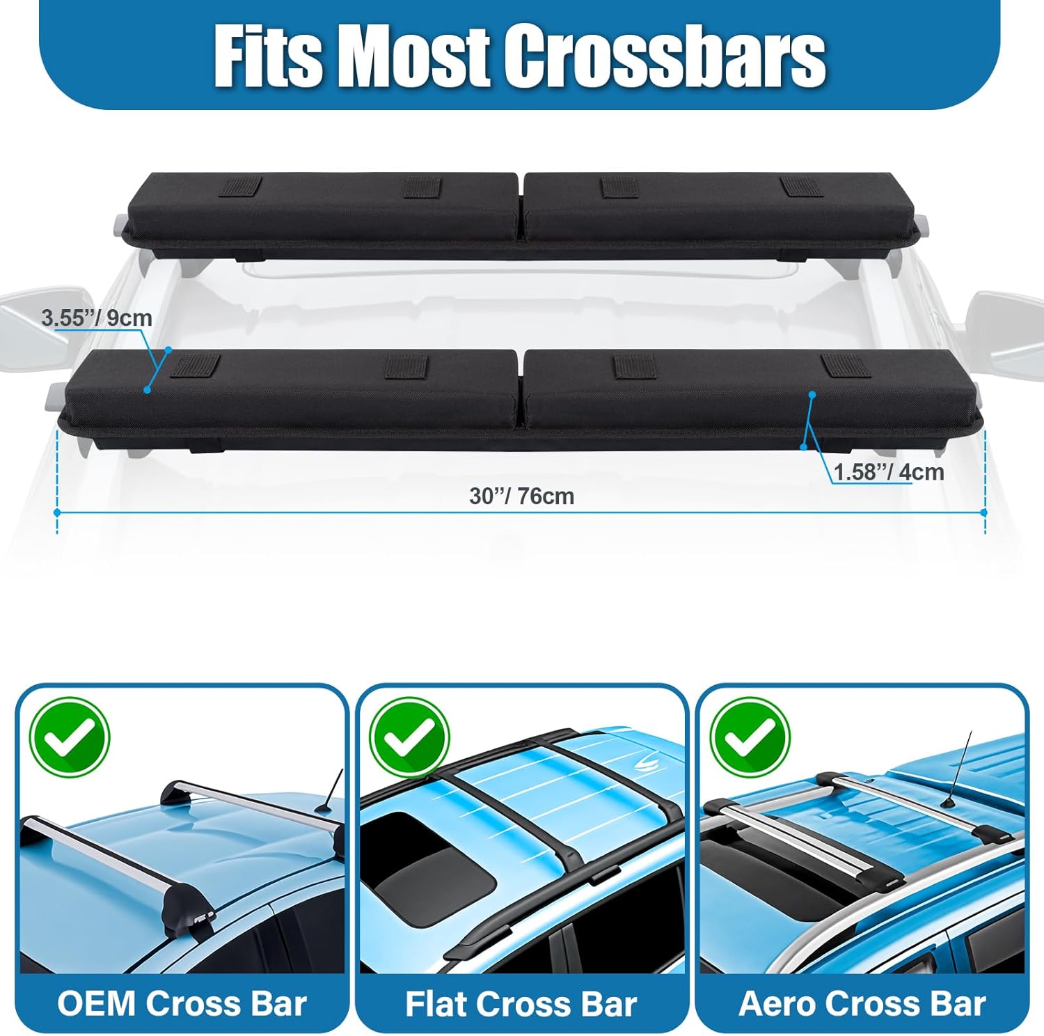 Universal Soft Roof Rack Pads 30“ Luggage Carrier System for Kayak,Surfboard, SUP, Canoe, Snowboard with 2 Tie Down Straps, 2 Tie Down Ropes, 2 Hood Loops and Storage Bag(Black)