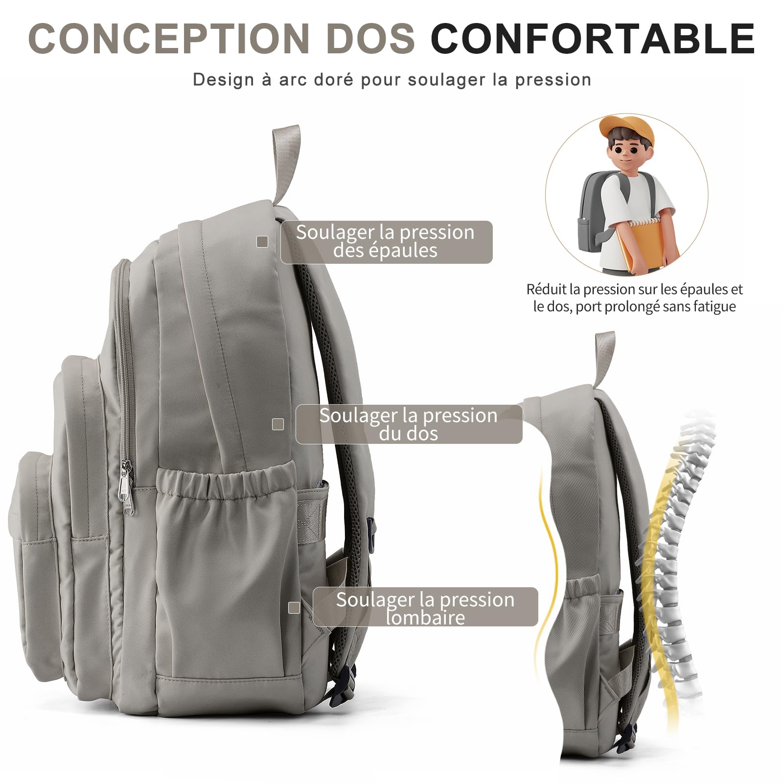 Sac Scolaire Cartable pour Fille Garcon, Sac à Dos Lycee Multi-poches Scolaire Sac avec Compartiment Ordinateur, Cartables Scolaires Imperméable et Léger pour L'école(Gris)