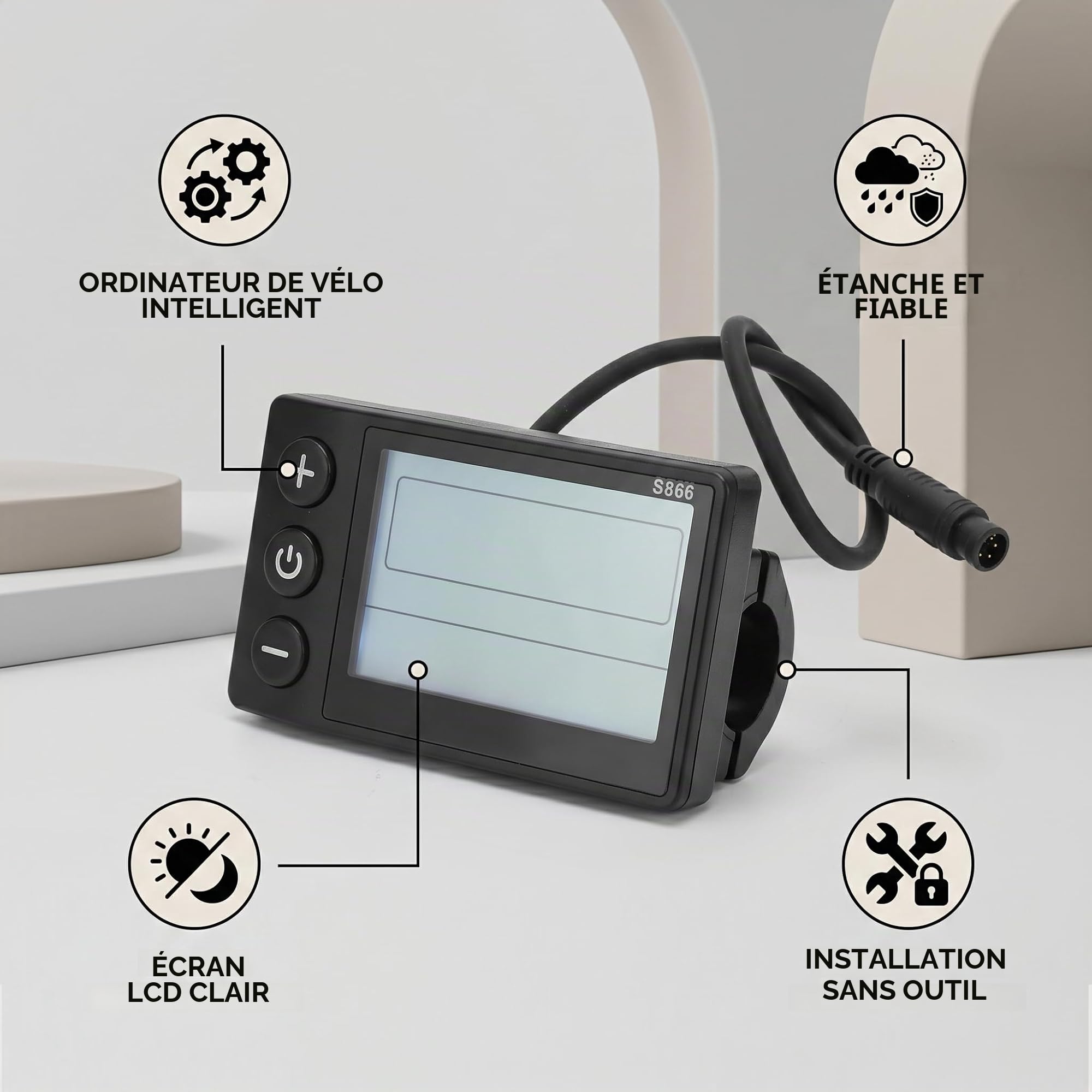 Écran LCD S866 ABS pour vélo électrique avec connecteur étanche à 6 broches pour modification de scooter