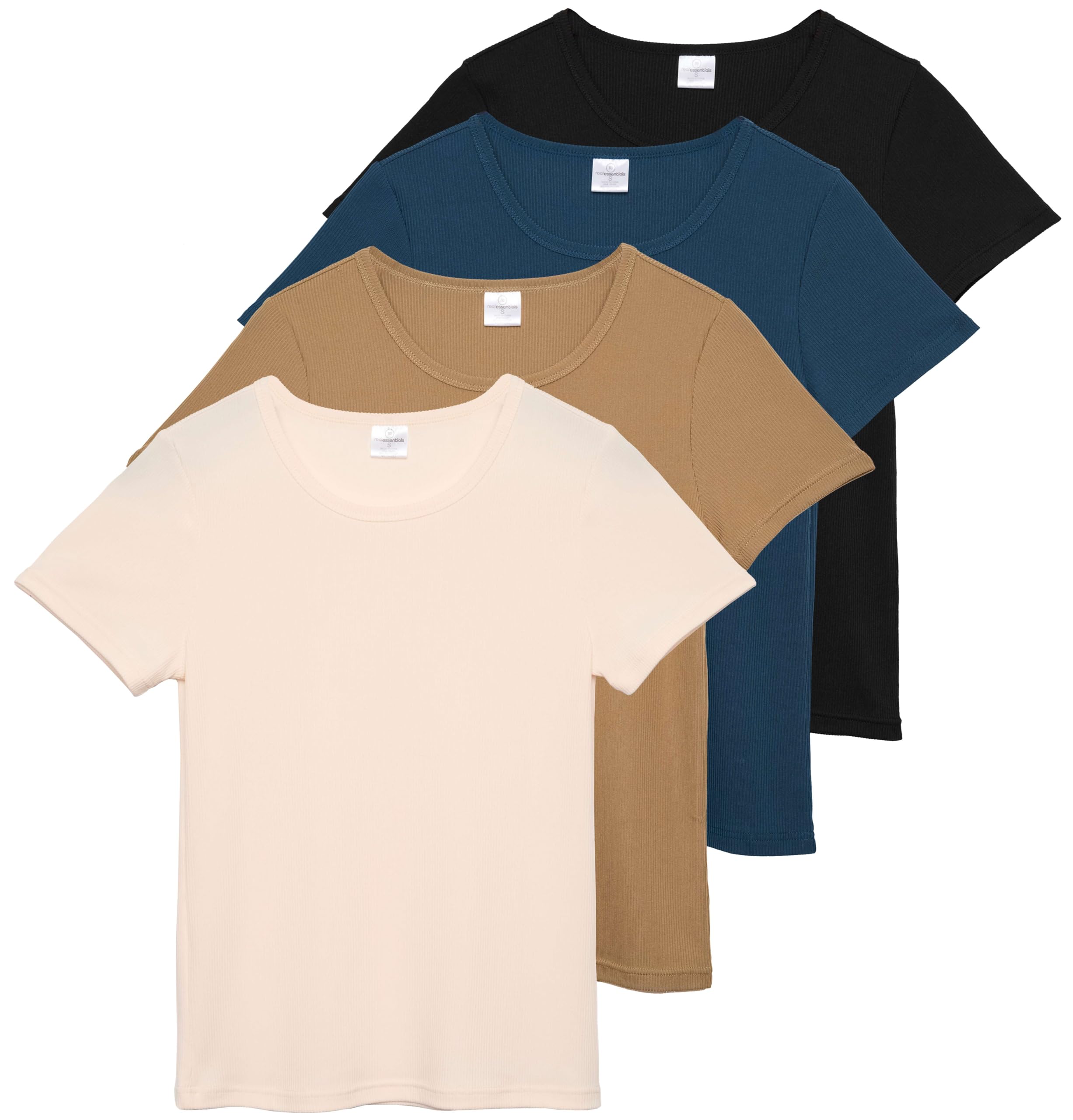 Real Essentials4 Pack: Women's Ribbed Knit Short Sleeve Crew Neck T-Shirt (Available in Plus)