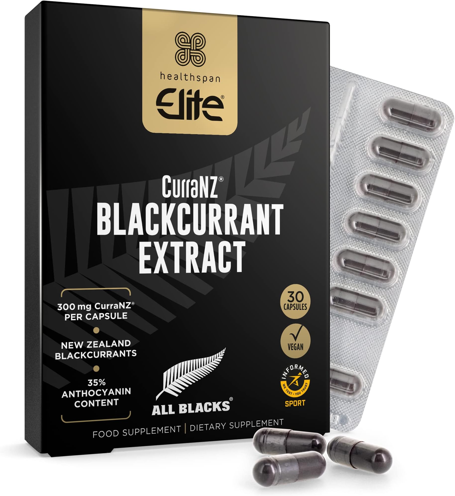 Healthspan EliteAll Blacks CurraNZ Blackcurrant Extract 300mg | 30 Capsules | 100% Natural Freeze-Dried New Zealand Blackcurrants | 35% Anthocyanin | Vegan