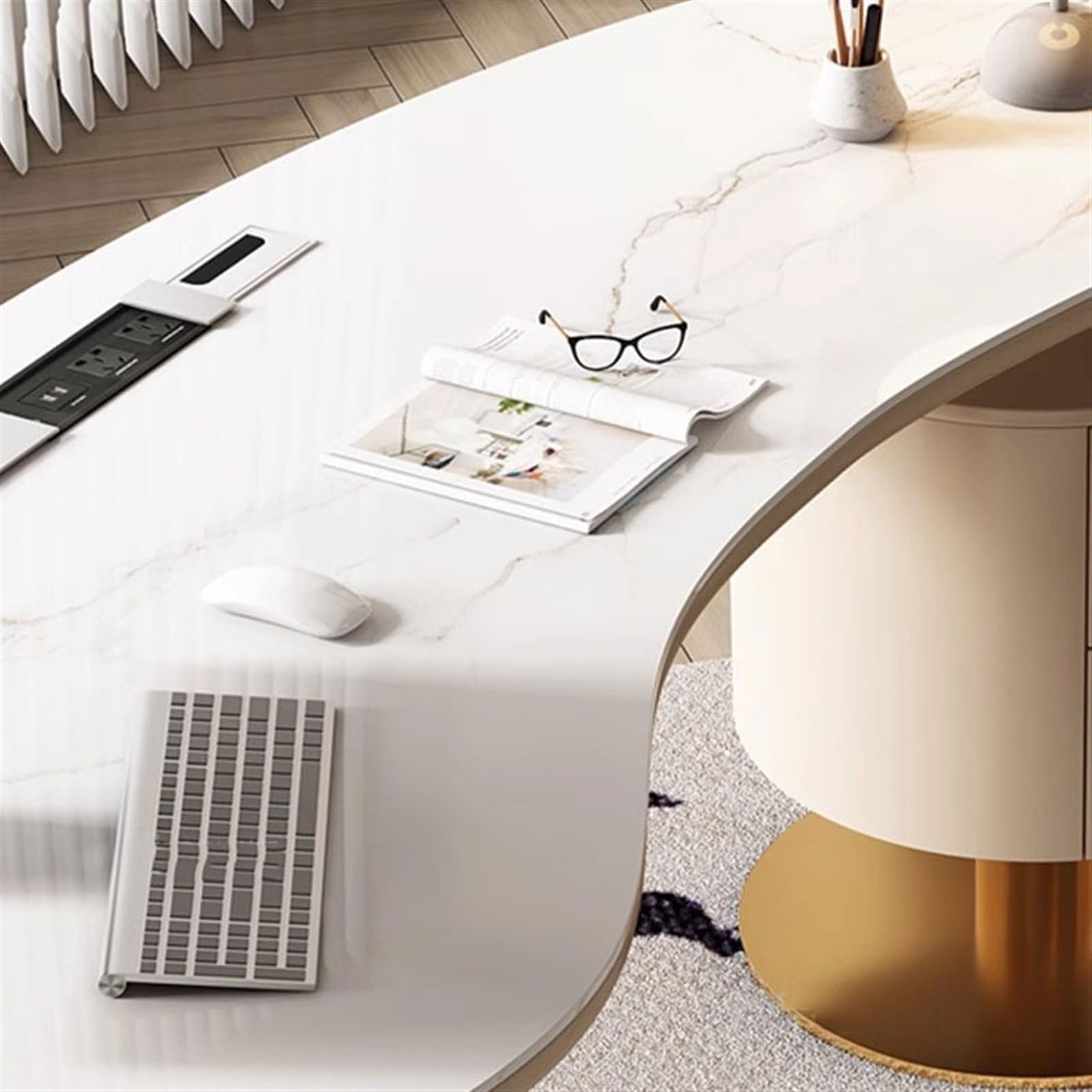 Nowoczesne zakrzywione biurko do gier – francuskie kremowe wykończenie łupkowe, lekki luksusowy stół PC do domowego biura, designerski styl, 140 x 77 x 75 cm, idealne do gier i konsultacji