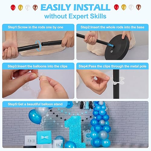 Miniatura 5 de Juego de 2 soportes de columna para globos, soporte de globo de metal ajustable de 1.3 a 5 pies con base para centros de mesa y piso para fiestas de