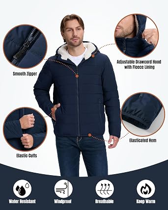 33,000ft Men's Waterproof Fleece Jackets Windproof Warm Puffer Winter Jacket Lightweight Quilted Jacket Outdoor Thermal Coats with Hood