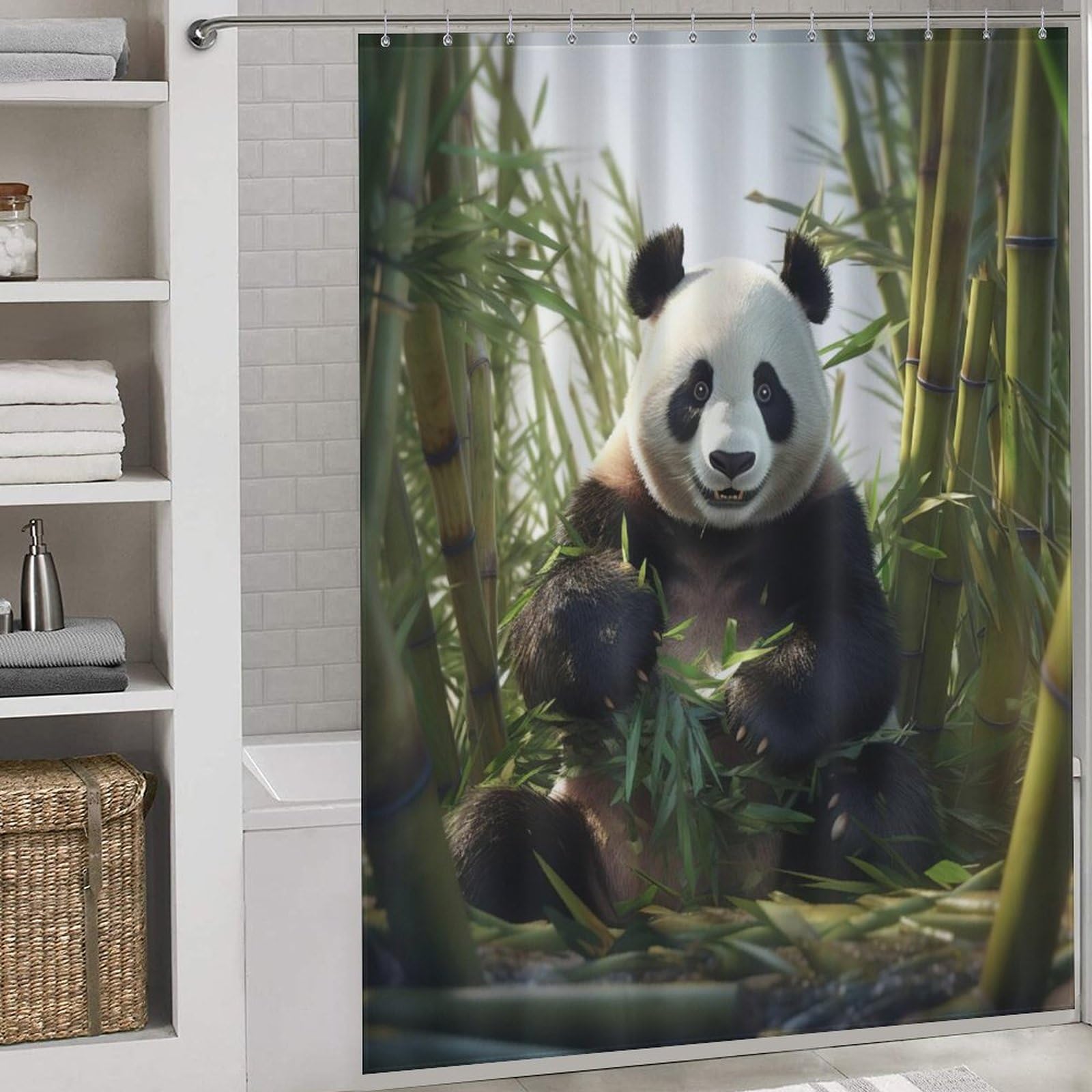 Rideau de douche panda 168x183cm lavable en machine avec 12 crochets pour baignoire