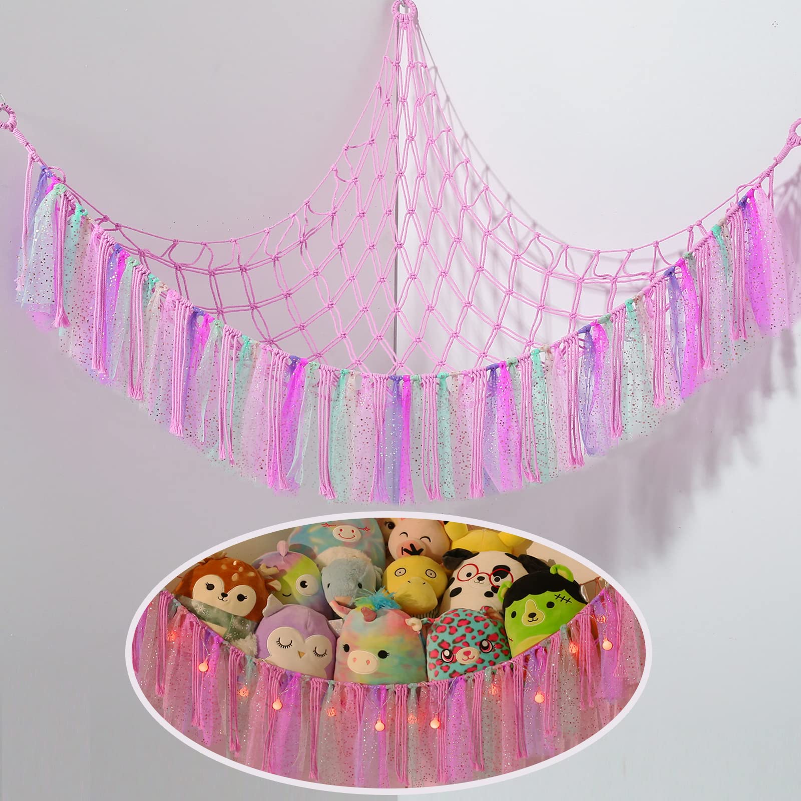Stuffed Animal Storage Macrame Boho Plush Toy Net Hammock for Stuffed Animals with Light Pet Net for Stuffed Animals Corner Hanging Stuffed Animal