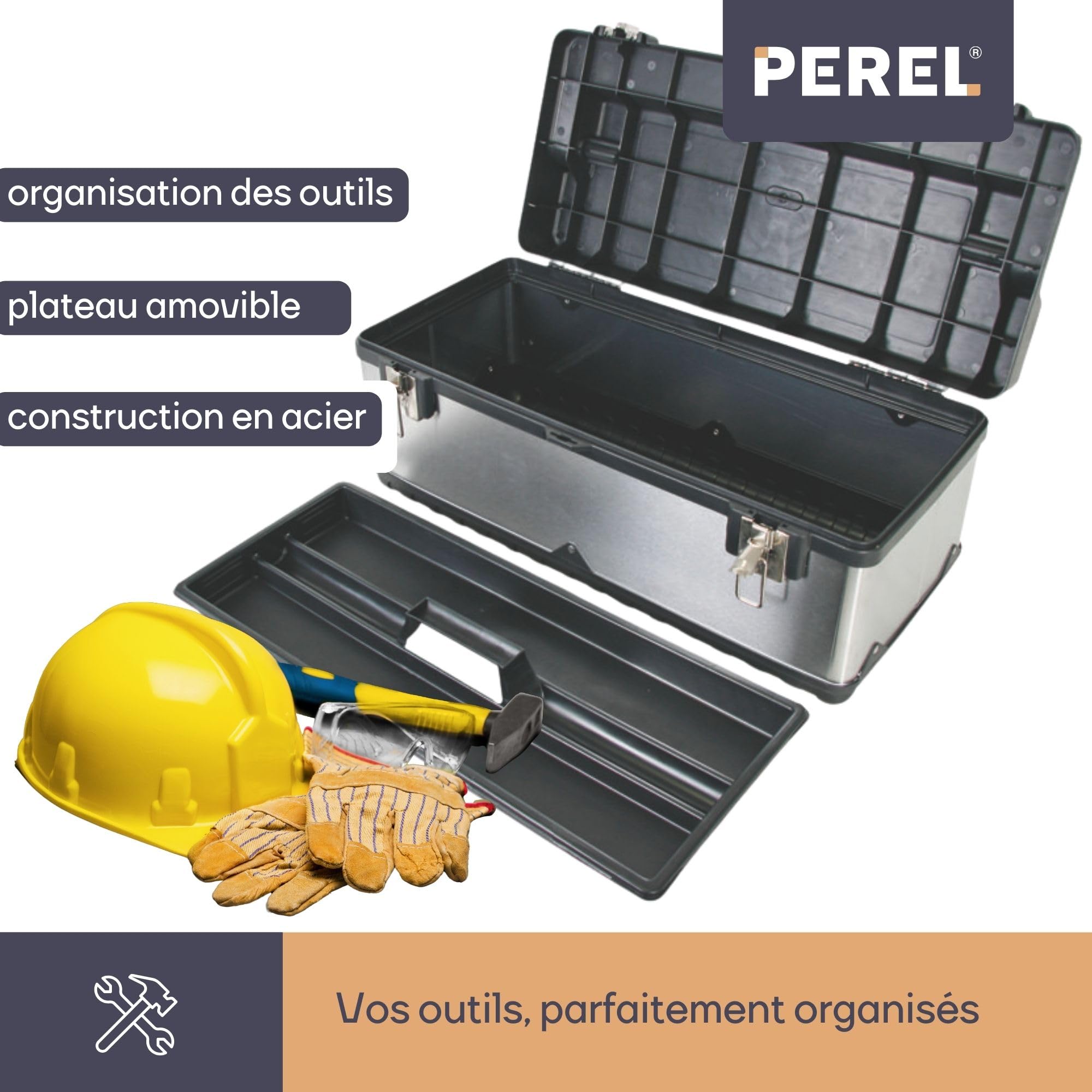 Perel Boîte à outils, acier inoxydable, avec poignée en aluminium, plateau porte-outils amovible, fermetures métalliques, 590 x 280 x 255 mm
