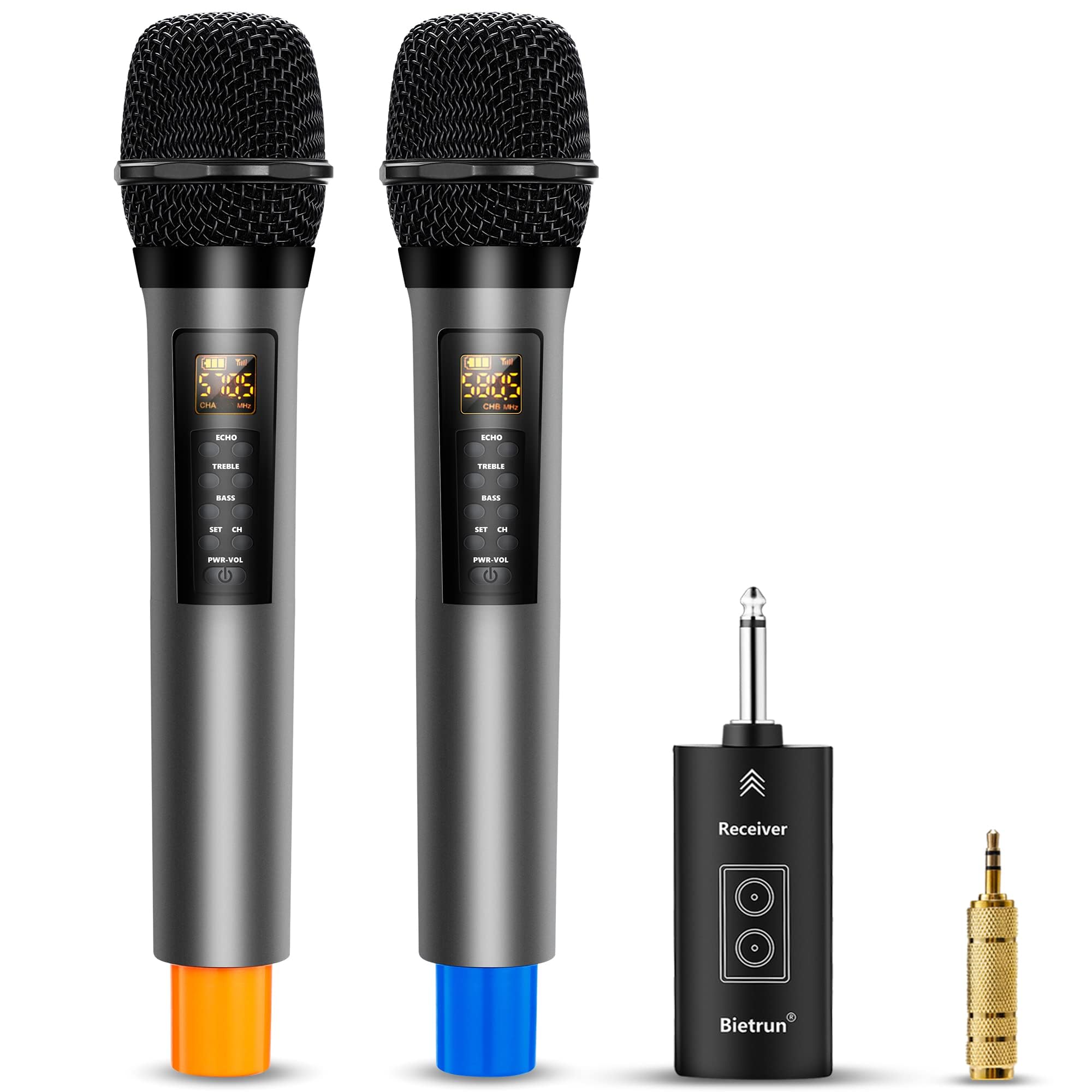 Microfoni senza fili Bietrun con eco, acuto, basso e Bluetooth, portata di 160 piedi, sistema microfonico dinamico portatile UHF con ricevitore ricaricabile per karaoke, canto, amplificatore, sistema