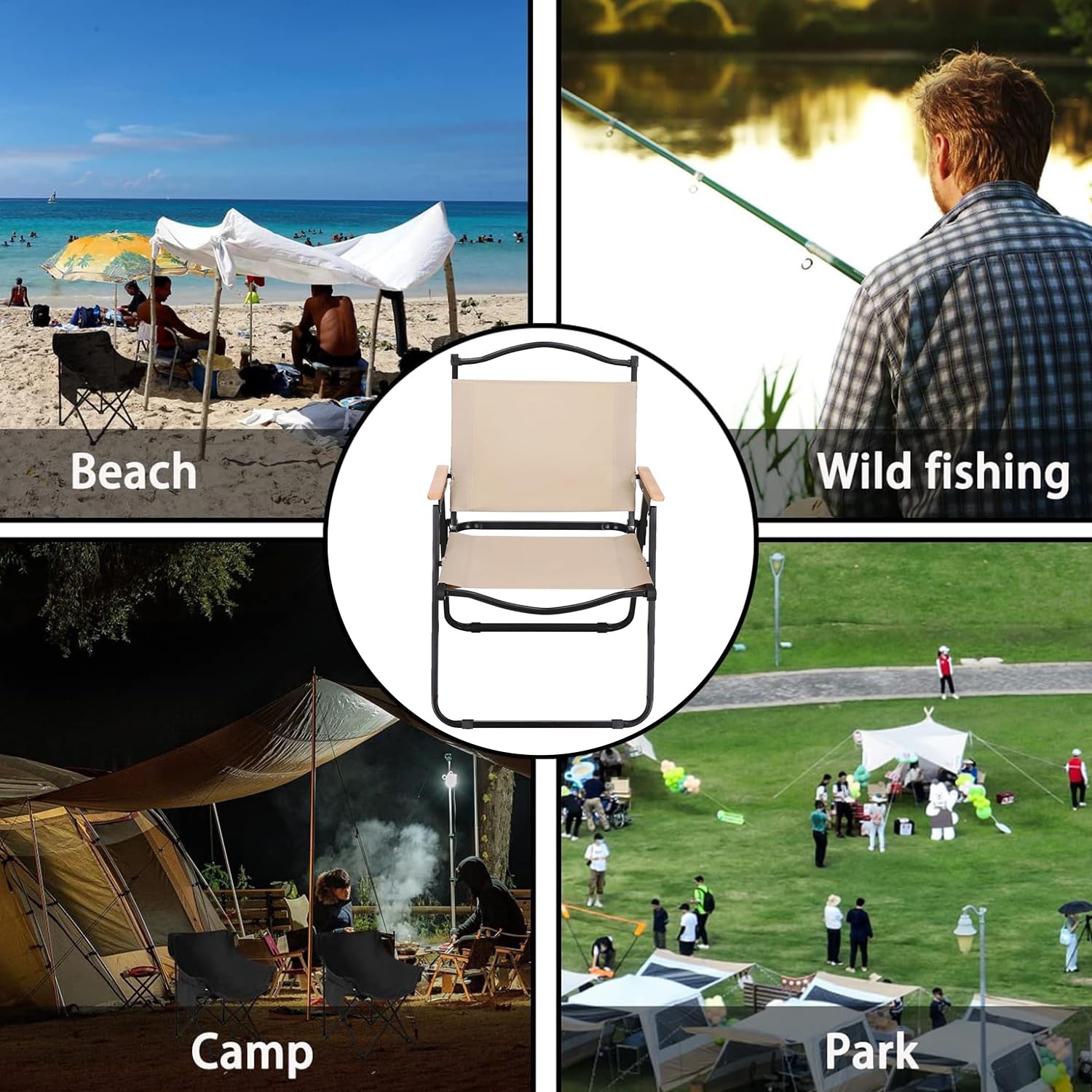ORILEY Hacer Folding Chair Portable and Lightweight Carbon Steel Collapsible Backrest with Wooden Armrest for Outdoor Picnic Fishing Beach Travelling & Gardening (1 Pc, Beige) - Image 6 thumbnail