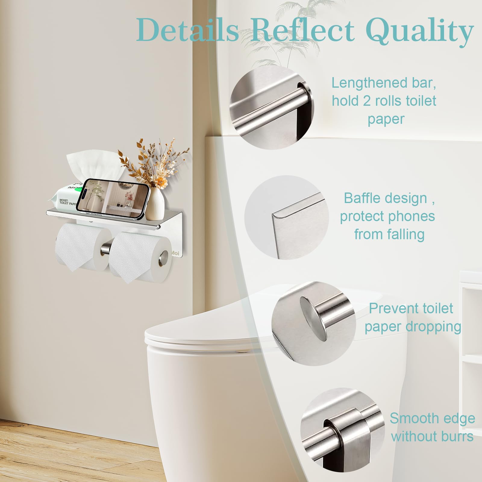 Toilet Roll Holder Wall Mounted Stainless Steel Toilet Paper Holder with Shelf Heavy Duty Double Roll Bathroom Organizer for Small Spaces & RVs - Image 3