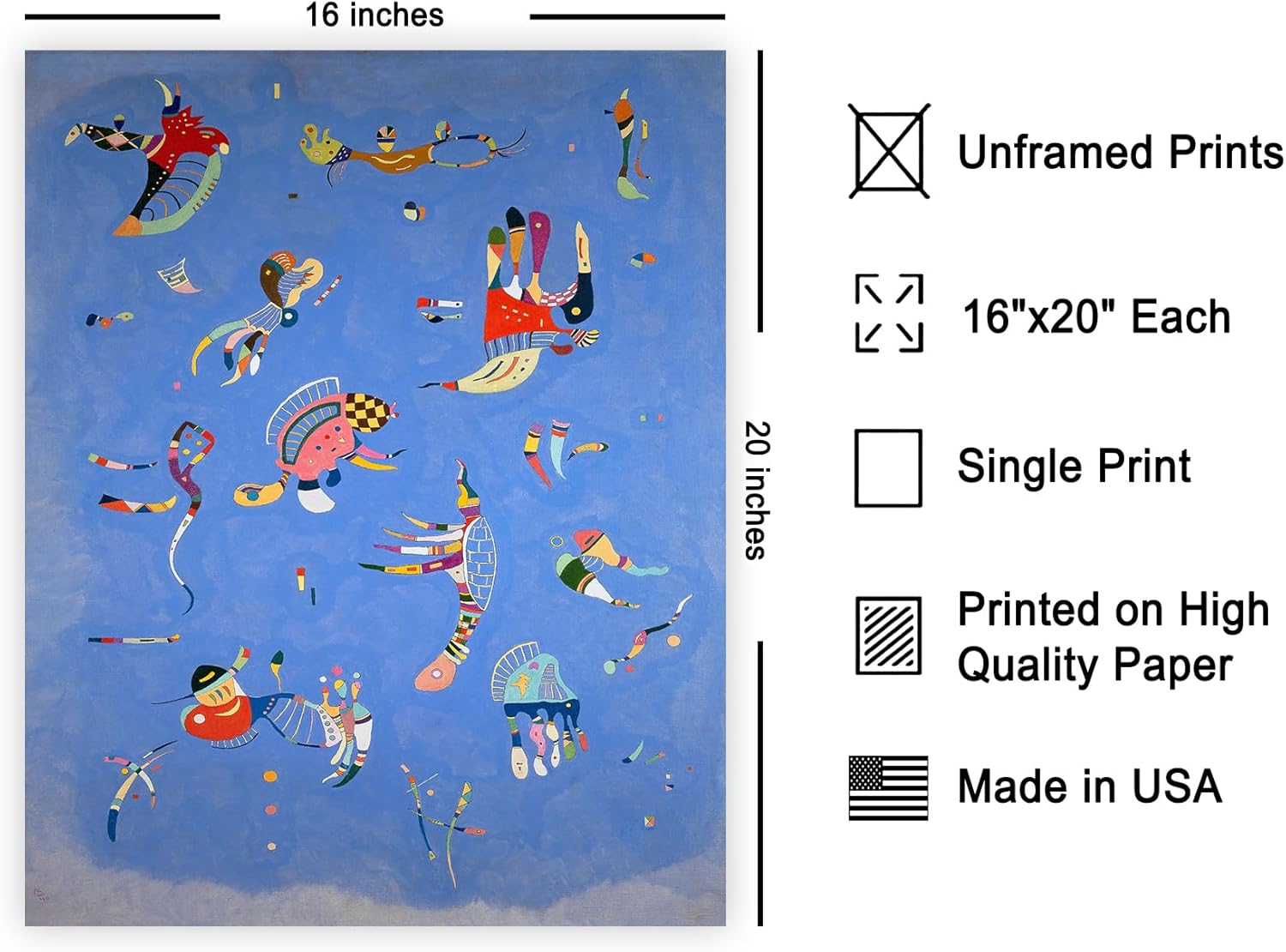 Poster Master Vintage Wassily Kandinsky Poster - Retro Sky Blue Print - Random Figures Art - Abstract Art - Gift for Men & Women - Wall Decor for Bedroom, Living Room or Dorm - 16x20 UNFRAMED Wall Art