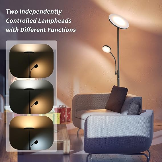 Tomshine Led Uplighter Floor Lamps Dimmable Rotatable 2 Lights for Living Room with Remote 4 Color Temperatures Standing Lamp 27W Main 7W Side Reading Lamp for Living Room
