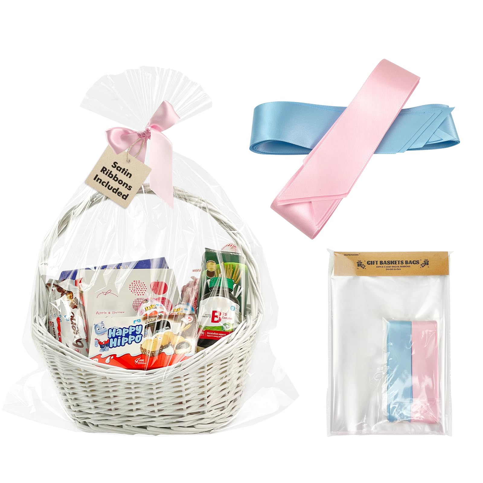 EKAPACKAGING Zestaw 10 przezroczystych taśm celofanowych, 61 x 76 cm, na prezent na Wielkanoc, Dzień Matki, przekąski, do pakowania żywności, na baby shower, jako niespodzianka, celofan