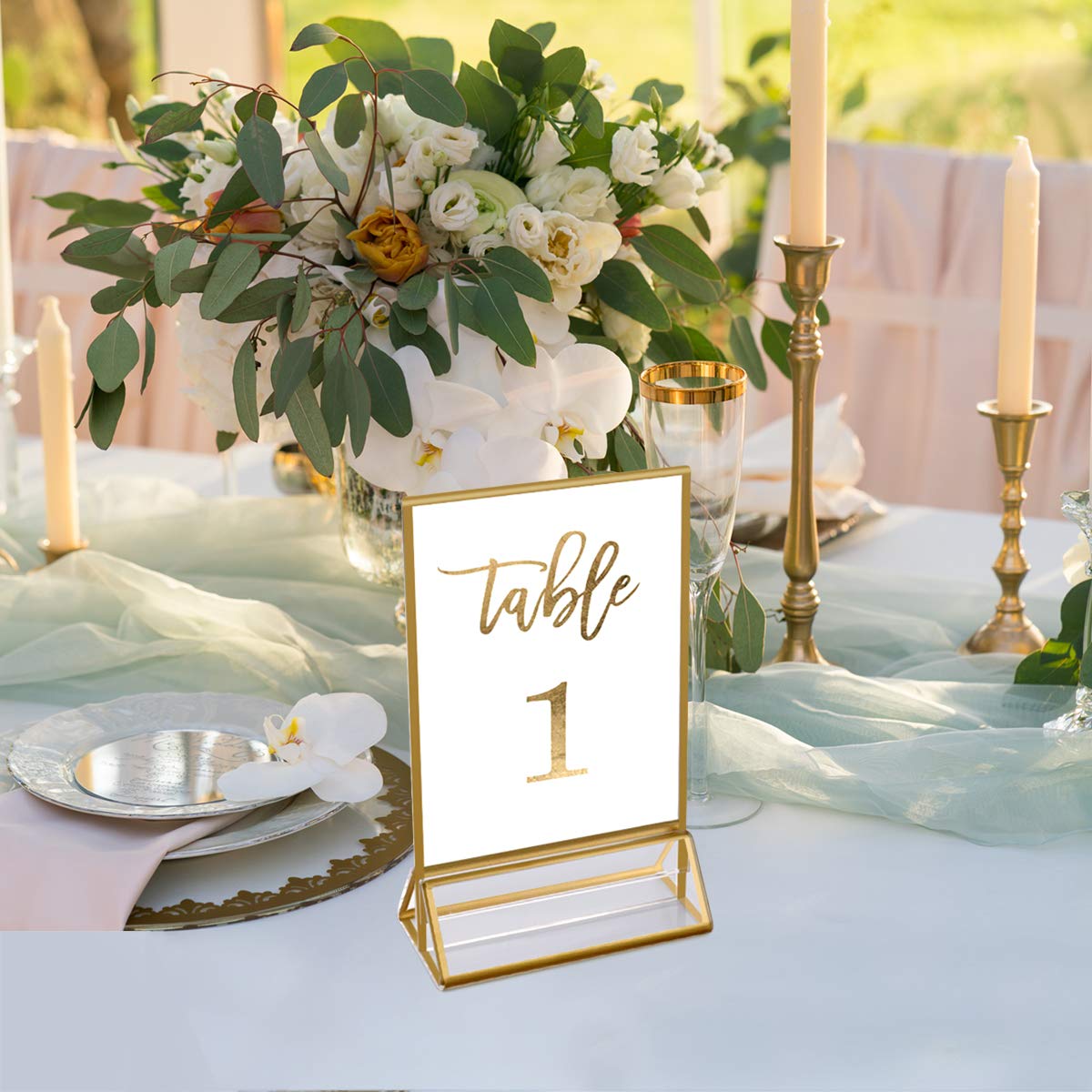 🔥 Flash Sale NIUBEE 6Pack 5 x 7 Clear Acrylic Wedding Table Number Holder Stands with Gold Borders, Double Sided Gold Picture Frames Sign Holder for Restaurant Table Menu Recipe Cards Photo Display