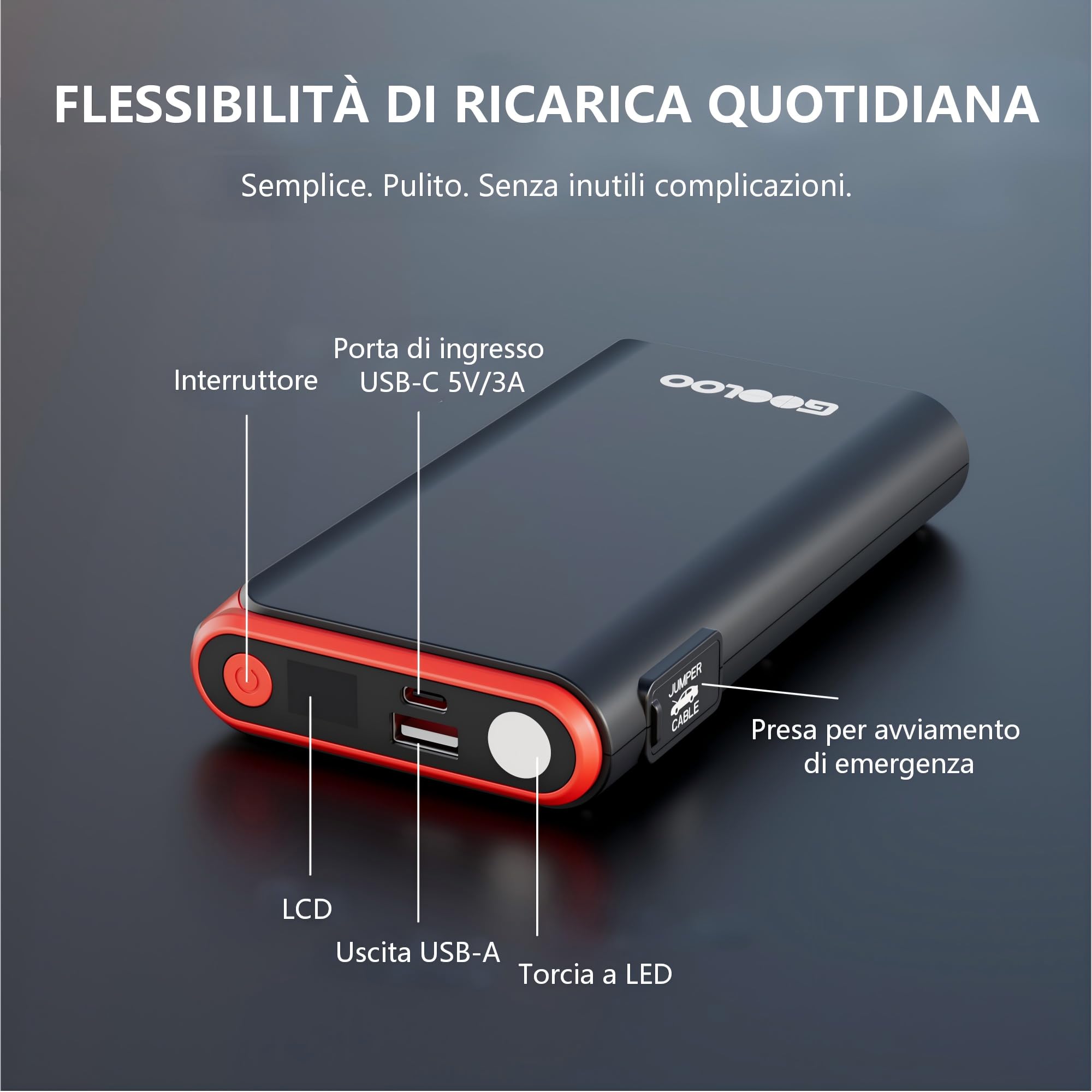 GOOLOO Avviatore di emergenza GE2000 2000A con morsetti in metallo intelligenti e ricarica rapida | 8L Gas / 6L Diesel compatibile, USB-A Fast Charging Port, Luce di emergenza LED, 12 V batteria auto Booster per auto e SUV