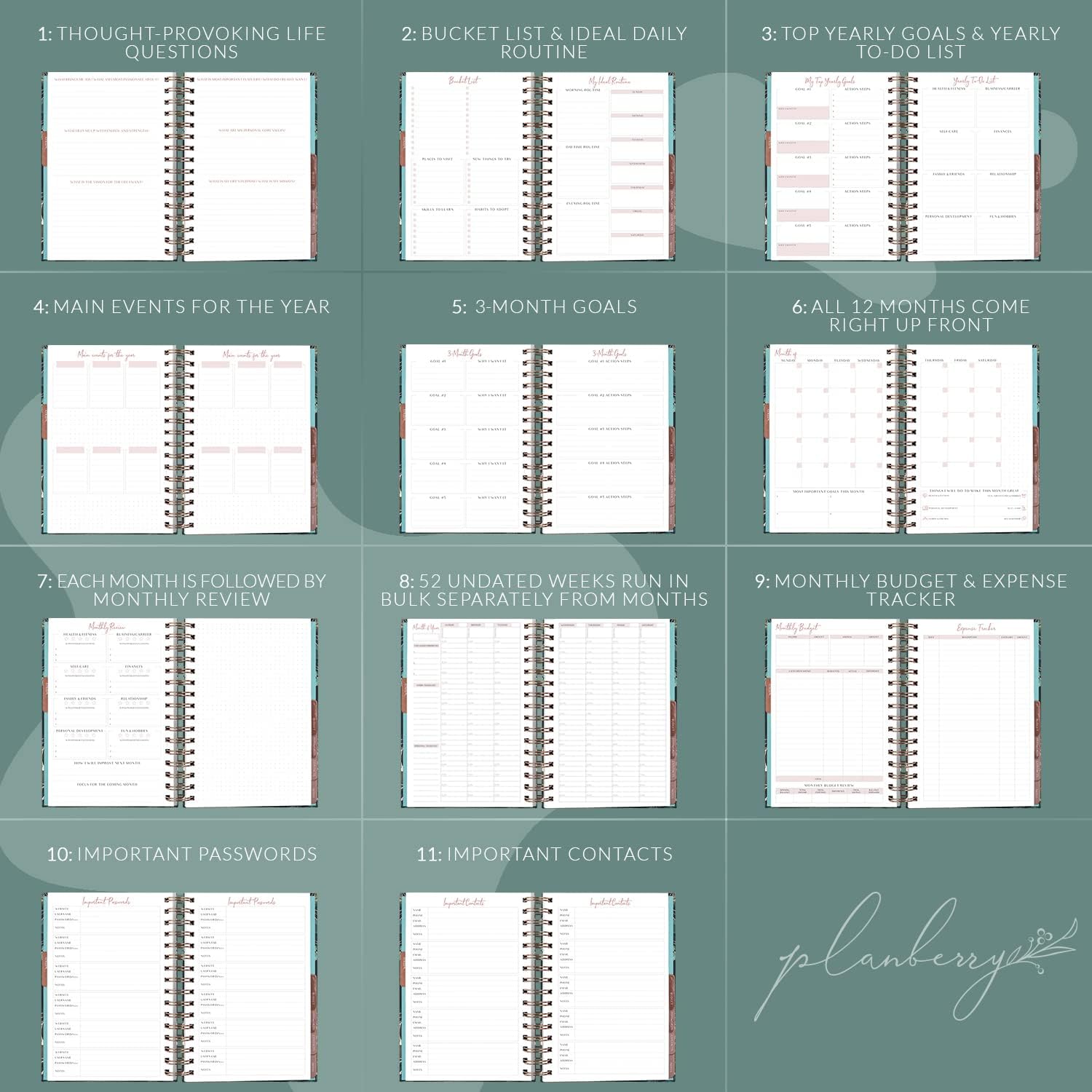 PLANBERRY Hourly Schedule Planner Premium – Undated Weekly Organizer with Time Slots & Monthly Budget – Time Management, Goal Setting, to-Do List & Habit Tracker –6.9″x8.5″(Green Pastures)