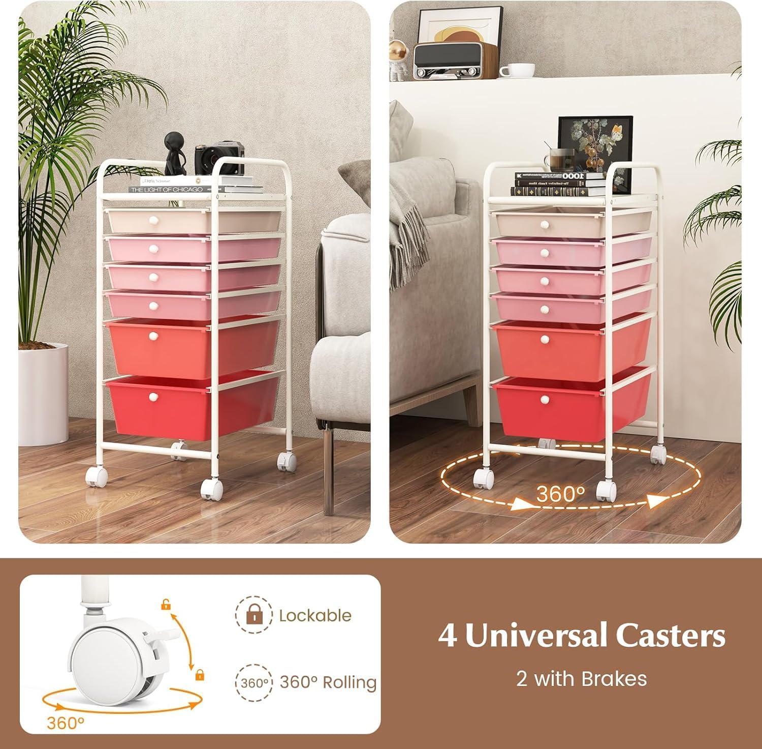 LDAILY 6 Drawers Rolling Storage Cart, Mobile Utility Drawer Cart with Lockable Wheels, 6 Tiers Multifunctional Storage Organizer, Ideal for Office, School, Home (Gradient Pink)