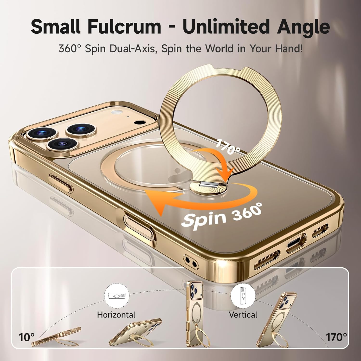 [Tri-Shield Protection] for iPhone 17 Pro Case with 360° Spin Stand Compatible with MagSafe [Magnetic CD Ring] [Screen & Camera Lens Protector] Shockproof Plating Never-Yellowing, Gold-6.3"