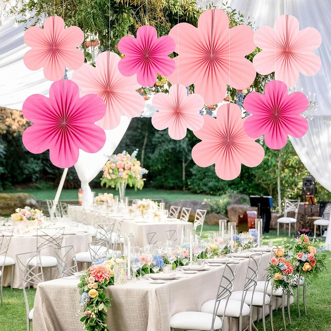 Set 9 Ventagli Di Carta Fiori Appesi - Decorazione Per Feste Compleanni Matrimoni - Foto 6