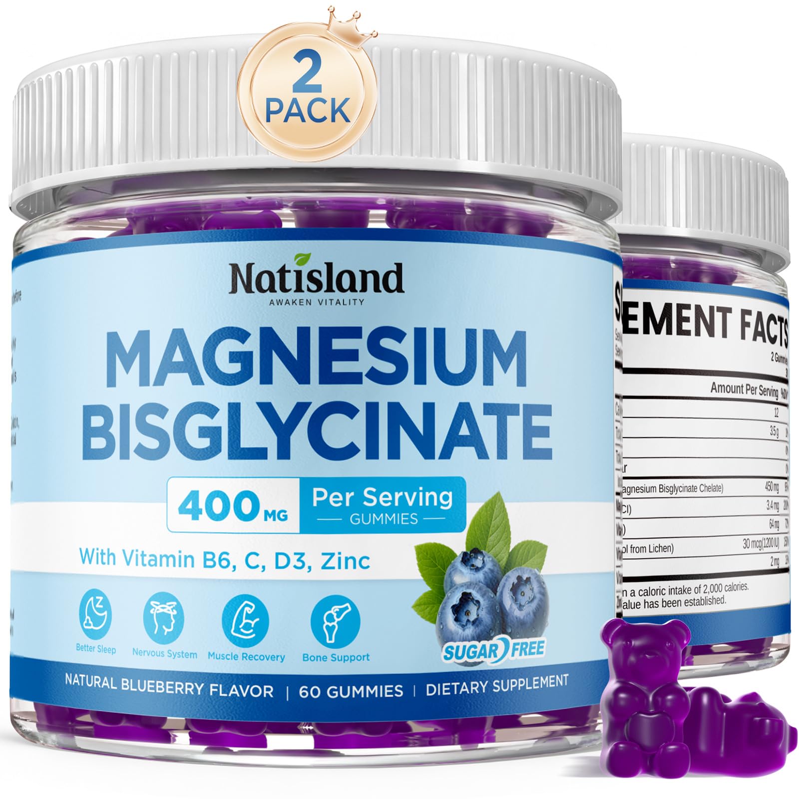 Magnesium Bisglycinate Gummies, 400mg Magnesium Bisglycinate Supplement, with Vitamin B6, C, D3, Zinc for Sleep & Relaxation, Muscle Support, Sugar-Free, Vegan, Blueberry Flavor, 60 Count — Amazon image 10