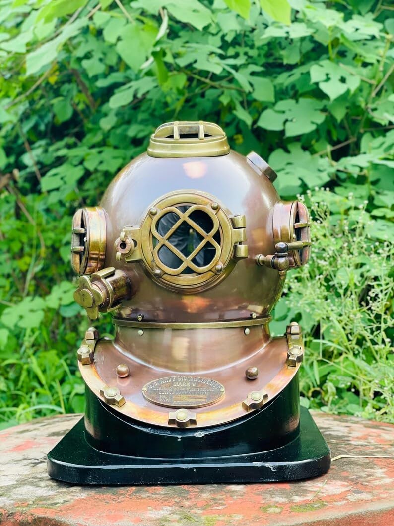 Vintage Brass Diving Helmet Replica – Antique Deep Sea Diver Helmet 1921 Style – Nautical Maritime Decor, Steampunk Collectible Display Piece with Wooden Base