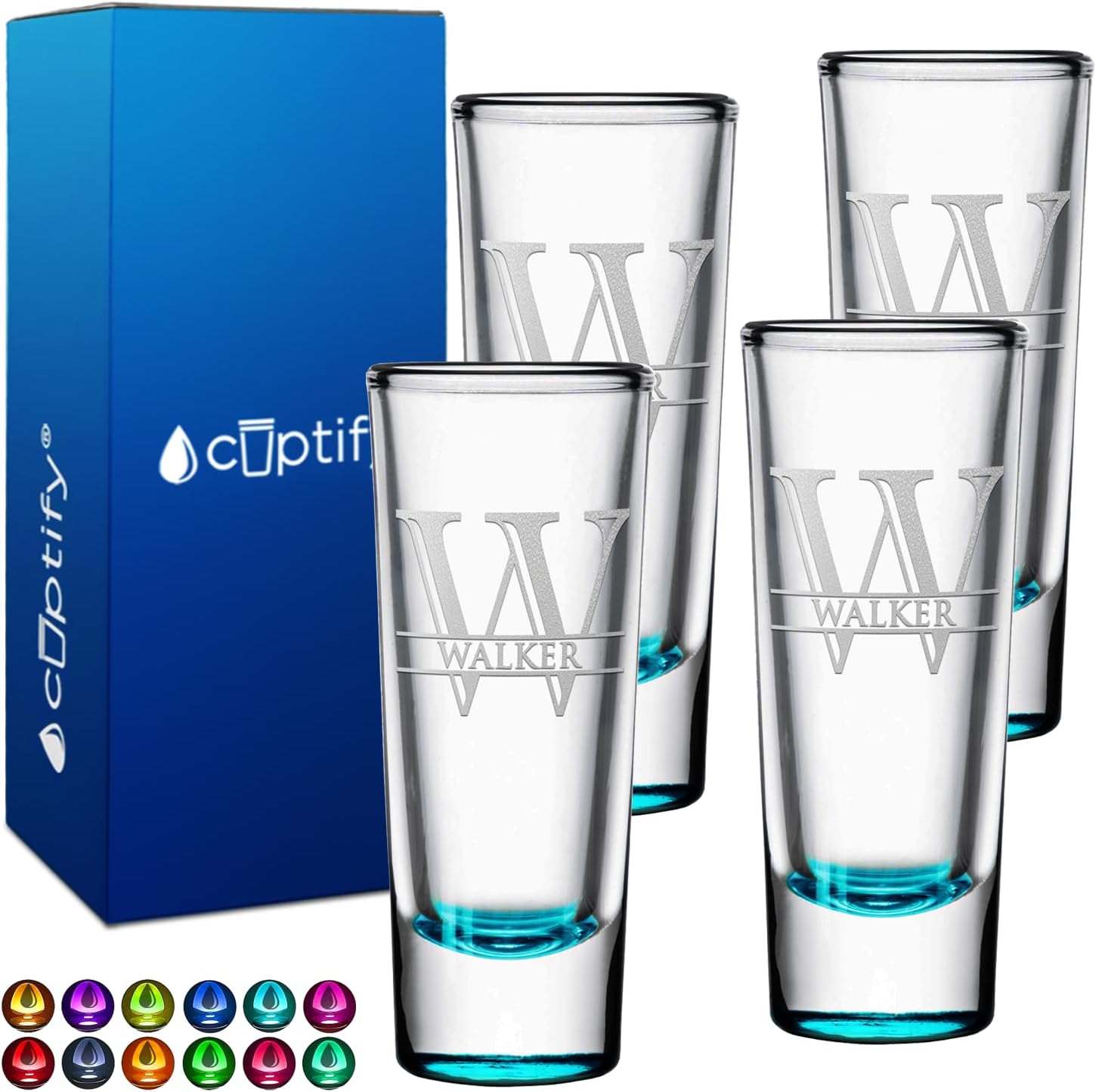 Personalized Shot Glasses Set of 4 Teal Bottom Custom 2 oz Cordial Shot Glass Initial and Name for Gifts, Weddings, Birthdays, Party, Event, Decorations