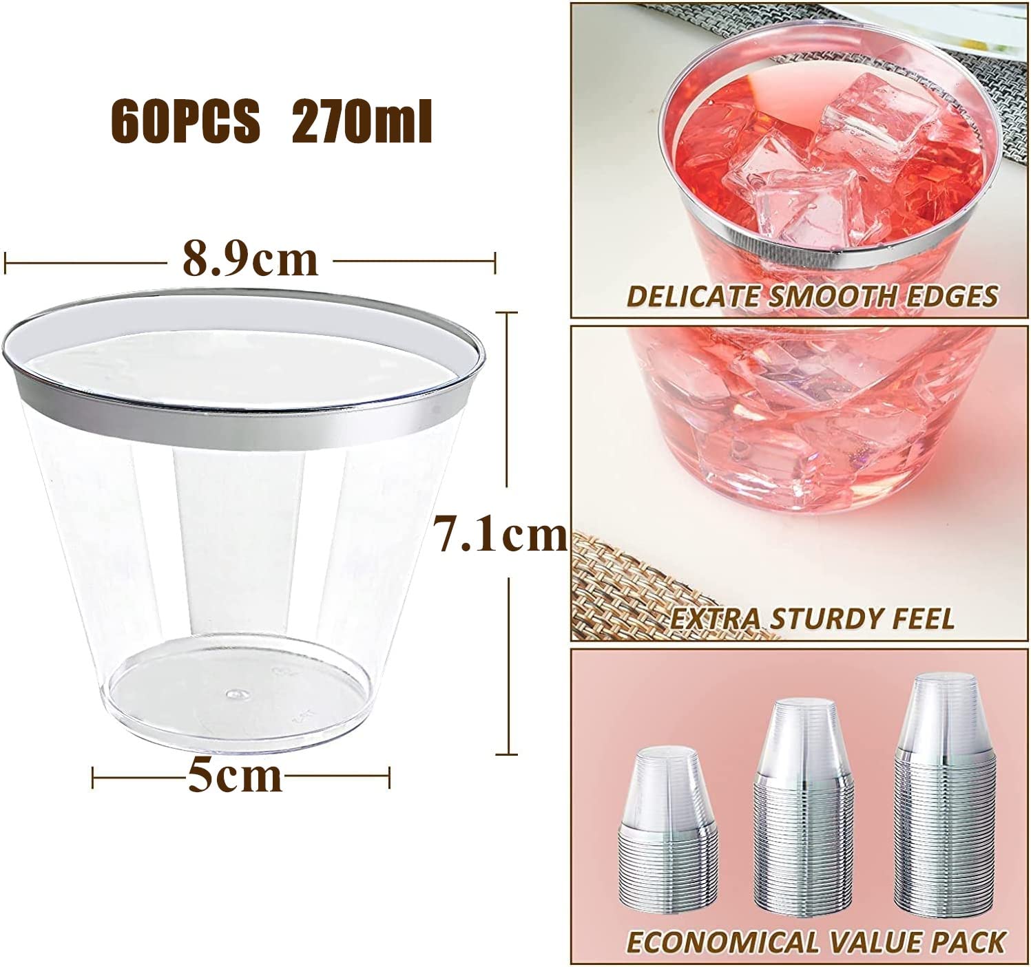 LATERN 60 stuks plastic bekers met zilveren rand, 270 ml plastic bekers herbruikbare drinkbekers, elegante feestwijnglazen voor champagne, bier, cocktail, martini-frisdrankdessert (8,9 x 7,1 cm