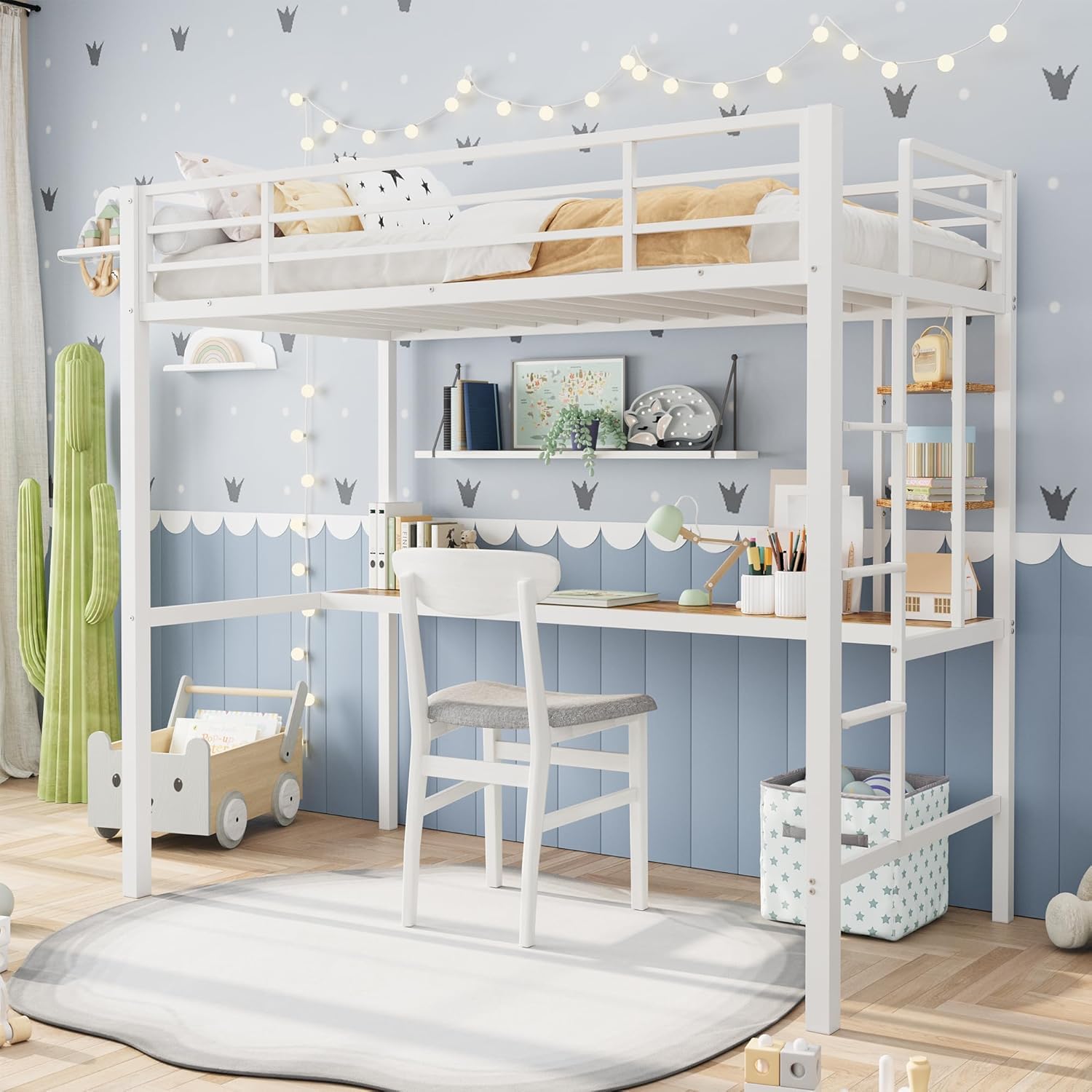 Garvee Twin Size Loft Bed with Large Desk and Storage Shelves, Heavy Duty Metal Loft Bed with Safety Guardrail and Ladder for Kids and Adults, Steel Slats Support, Space Saving, White and Brown