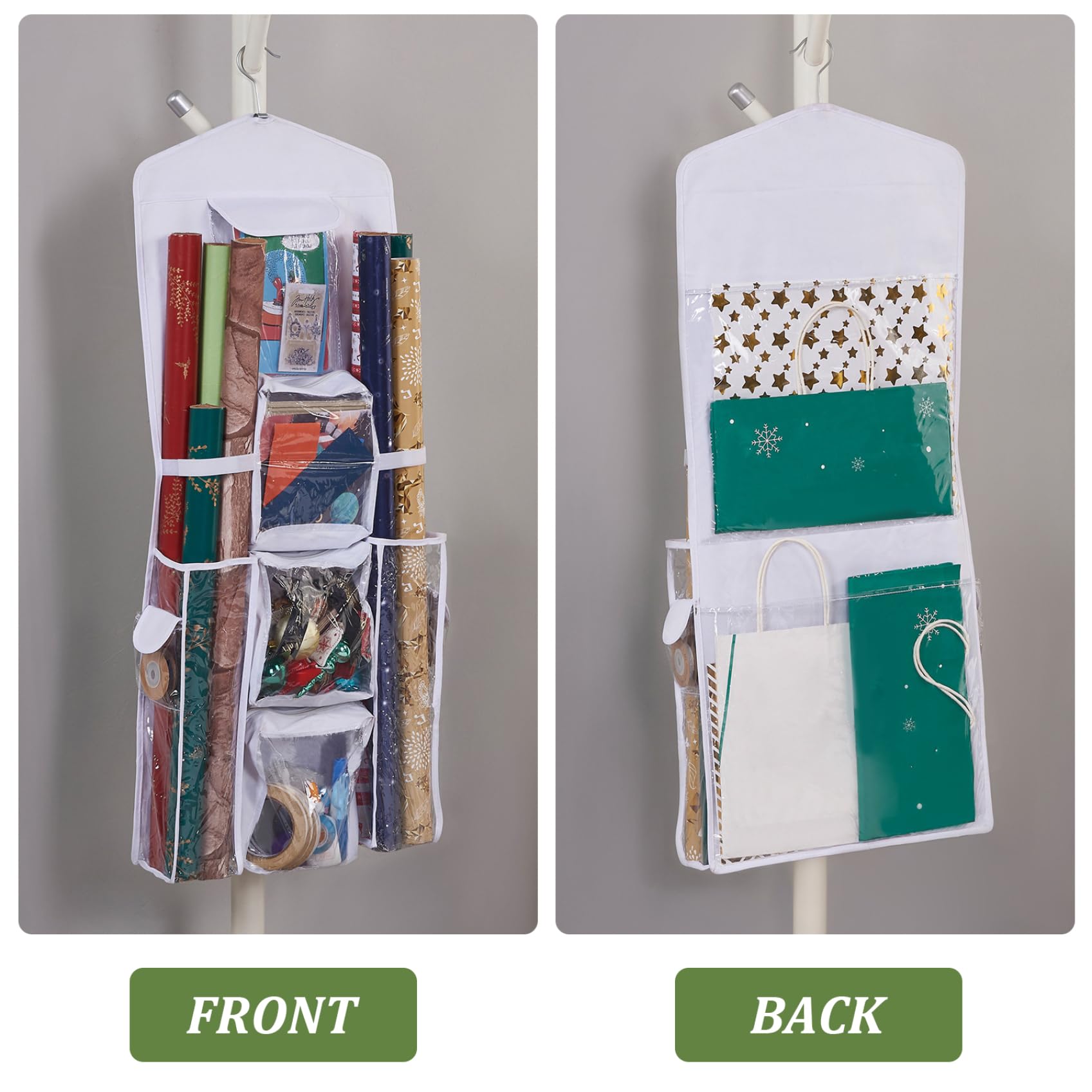 Wrapping Paper Storage Double-Sided Gift Wrap Storage 41 * 102cm Christmas Organiser with Clear Pockets Hanging Gift Craft Wraping Roll Containers