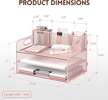 3 Tier Desk Organizer with Handle & 3 Pen Holders, Mesh Paper/File Organizer for Desk, Paper Letter Tray Organizer for Office Supplies (Pink)
