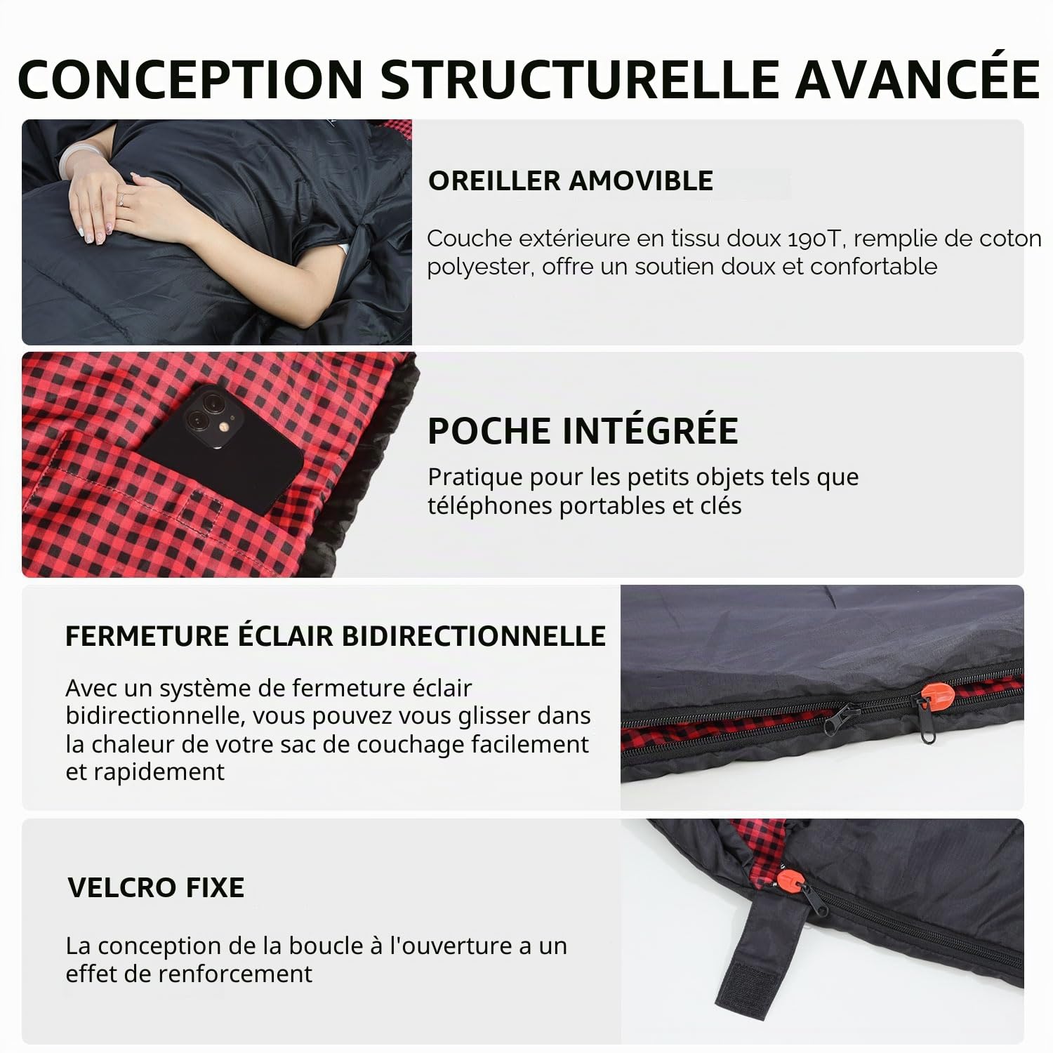 Sacs de couchage pour adultes – Sac de couchage rectangulaire extra large 3 saisons avec oreiller et sac de transport, 300 g/m² en coton imperméable, sac de couchage de camping pour intérieur