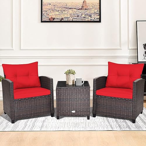 Miniatura 3 de HAPPYGRILL Juego de 3 piezas de conversación para patio, juego de muebles de exterior de ratán de polietileno con cojines extraíbles, sillas de