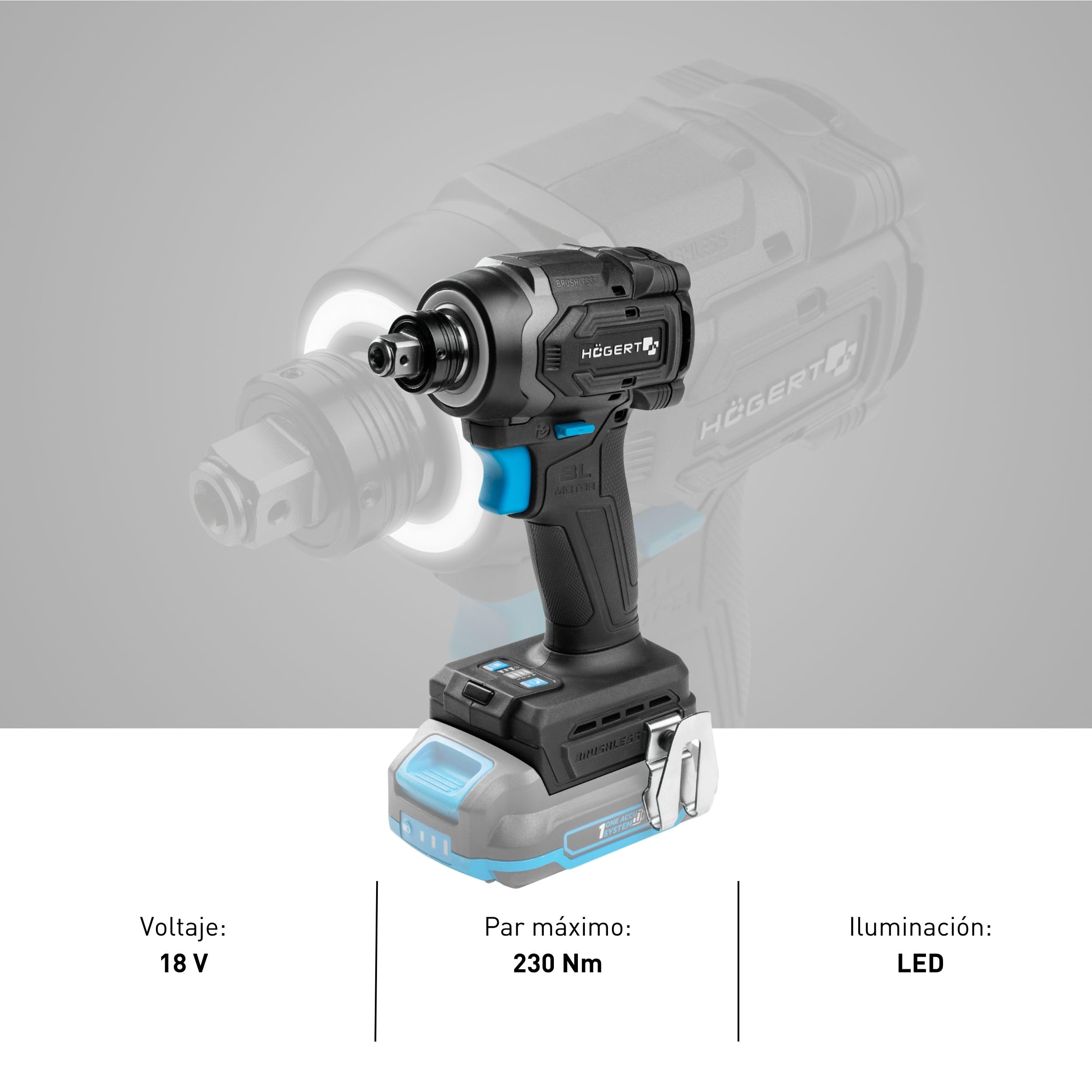 Högert Technik Llave de Impacto a Batería 18V OneAccuSystem, motor sin escobillas, 230 Nm, atornillador de impacto 2 en 1, 1/4" HEX y 1/2" cuadradillo, para taller y montaje, sin batería