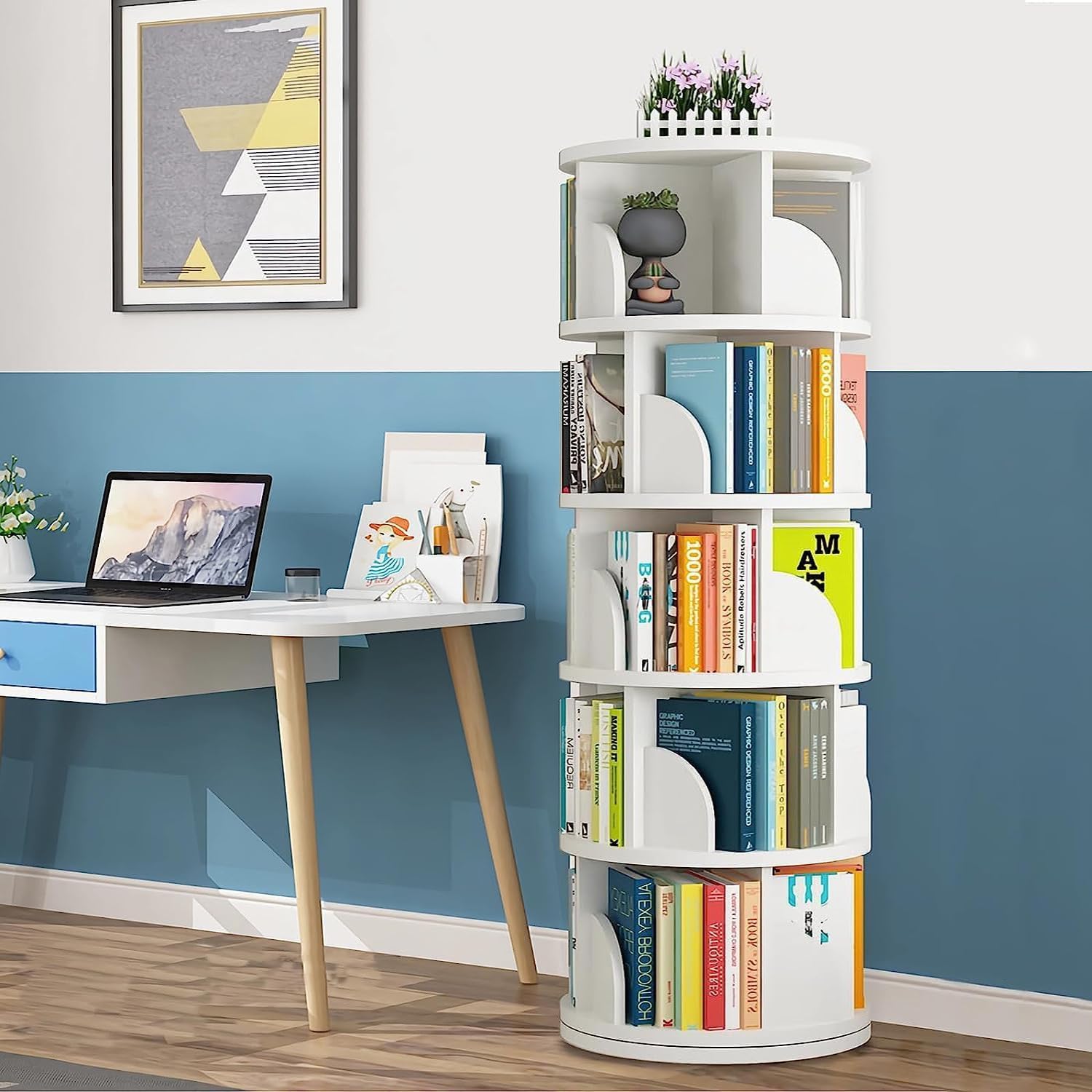 Nisorpa 5 Tier Rotating Bookshelf, 360° Revolving Bookcase Rotating Stackable Shelves Floor-Standing Storage Display Rack Used in Bedrooms Living Rooms Study Office (63"x18"x18")
