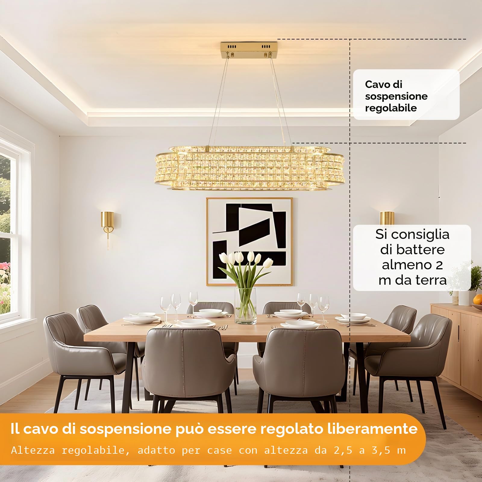 Lampadario moderno in cristallo dorato, lampade a sospensione ovali a LED, lampadari dorati regolabili per ingresso, soggiorno, sala da pranzo 80x35 cm