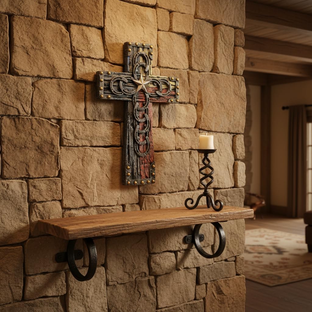 Comfy Hour 13" Wall Cross, Decorative Horseshoe Cross Wall Decor with Antique Silver Star, Western Style Faux Wood Religious Plaque, Artisan Crafted Resin Sculpture, Natural Brown, 1 Unit