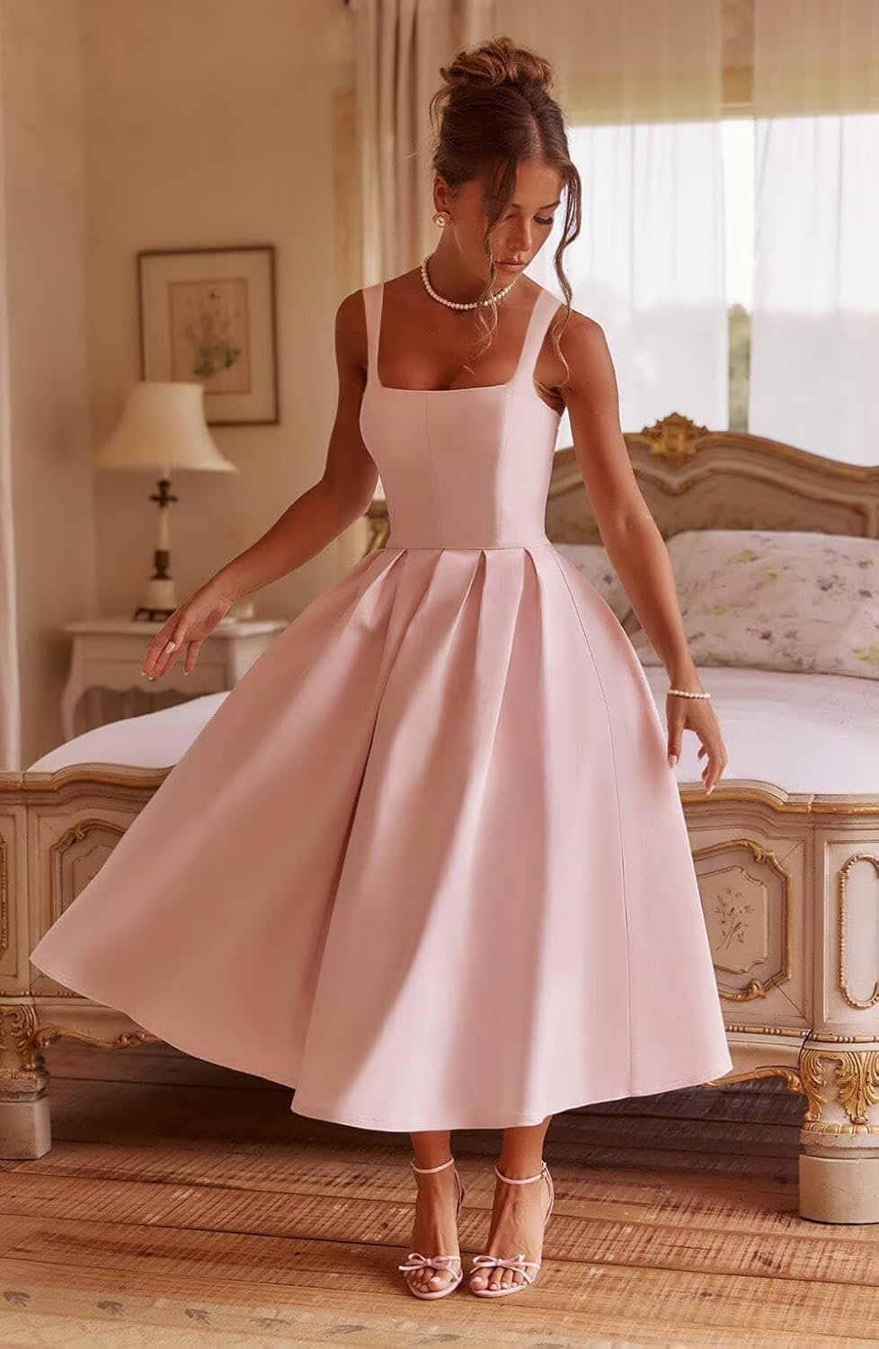 Tea Length Satin Prom Dresses 2025 A-Line Backless Corset Cocktail Formal Evening Gown with Pockets