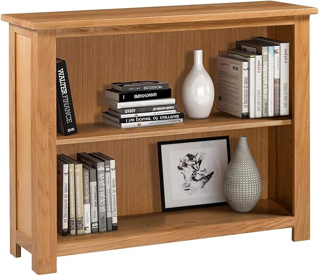 Hallowood Furniture Waverly Oak Wide and Low Bookcase with 1 Adjustable Shelf  Solid Wooden Book Shelf for Living Room & Hallway in Light Oak Finish  Bookshelf for Home and Office