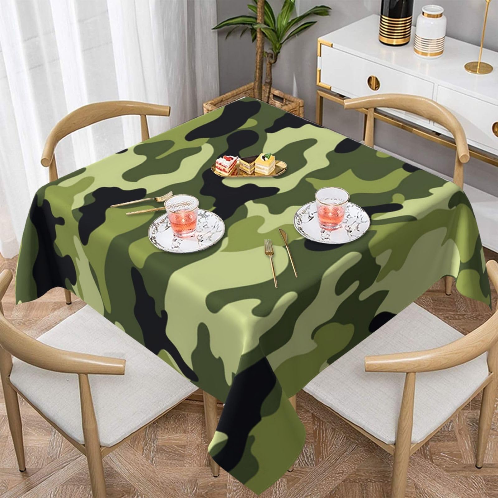 DCEHGEW Camouflage Green Prints Square Tablecloth 137x137 CM, Waterproof Fabric Table Cloth for Dining Table, Farmhouse Table Cover for Kitchen Dining Tabletop Decoration