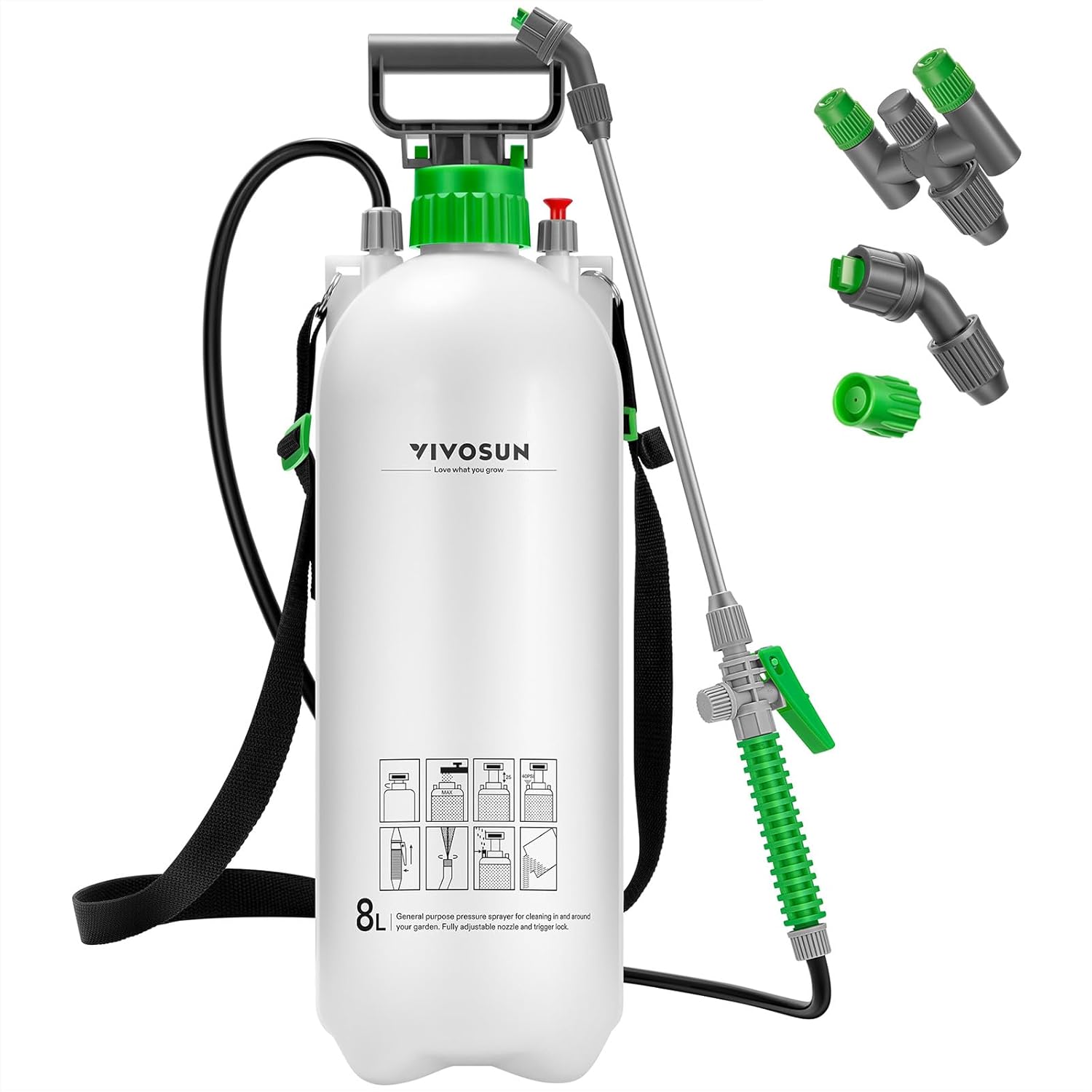 VIVOSUN 2.1 Gal/8L Pump Sprayer, Garden Water Sprayer for Plants, Weeds & Lawn Care, with 3 Nozzles, 50'' Long Hose & Pressure Relief Valve