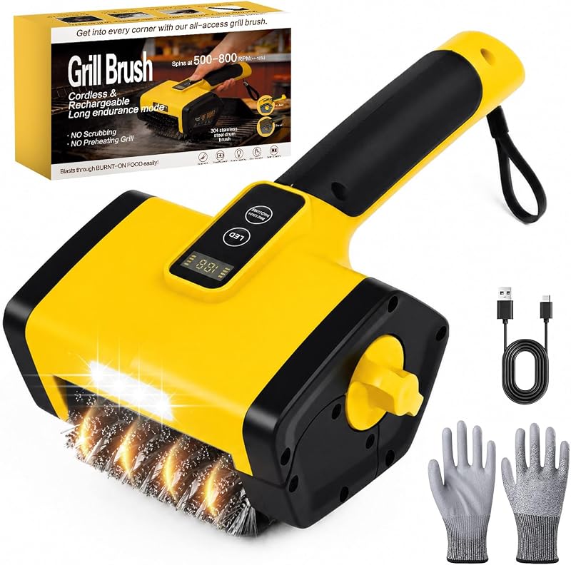 Cepillo eléctrico para parrilla, potente limpiador de parrilla para barbacoa de 800 RPM con pantalla digital, ángulo ajustable de 360°, tiempo de ejecución de 240 minutos, cepillo para parrilla de velocidad variable de 4000 mAh con cabezal de acero inoxidable para parrilla al aire libre