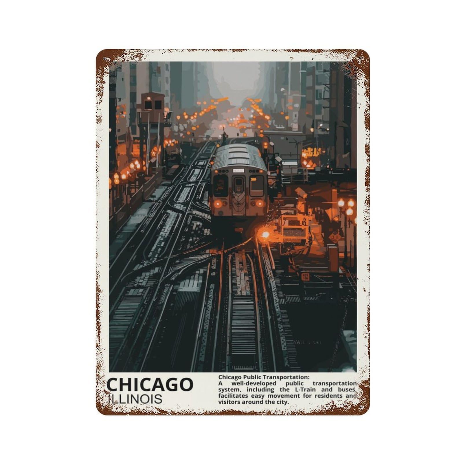 Garage Style Chicago City Aged Metal Wall Plaque 15.7"x11.8", Farmhouse Wall Decor for Bar And Workshop