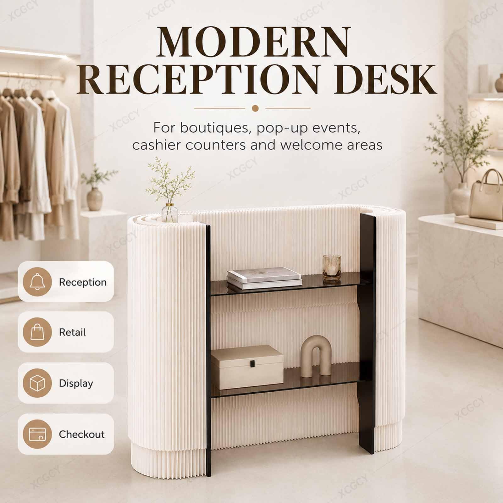 Banco Cassa Curvo E Portatile, Bancone Reception Pieghevole per Esposizioni, Reception con 2 Ripiani in Acrilico, Bancone Cassa Compatto per Boutique, Salone, Spa E Hall White