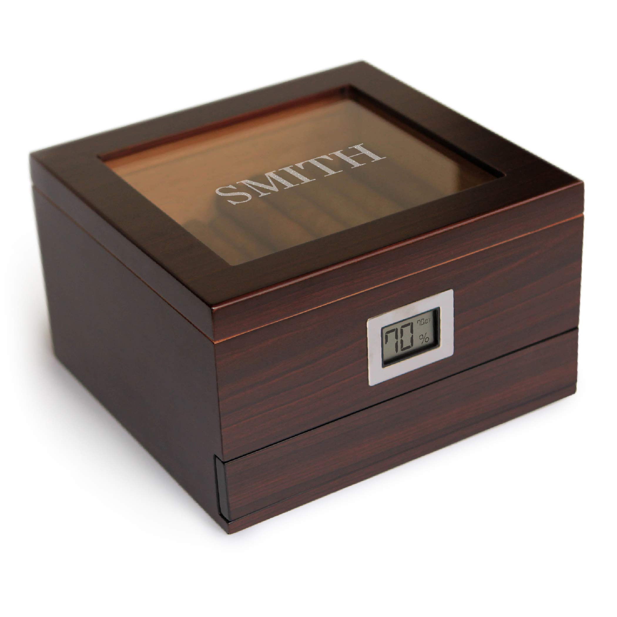 Glass Top Handcrafted Cedar Humidor with Front Digital Hygrometer, Humidifier Solution, and