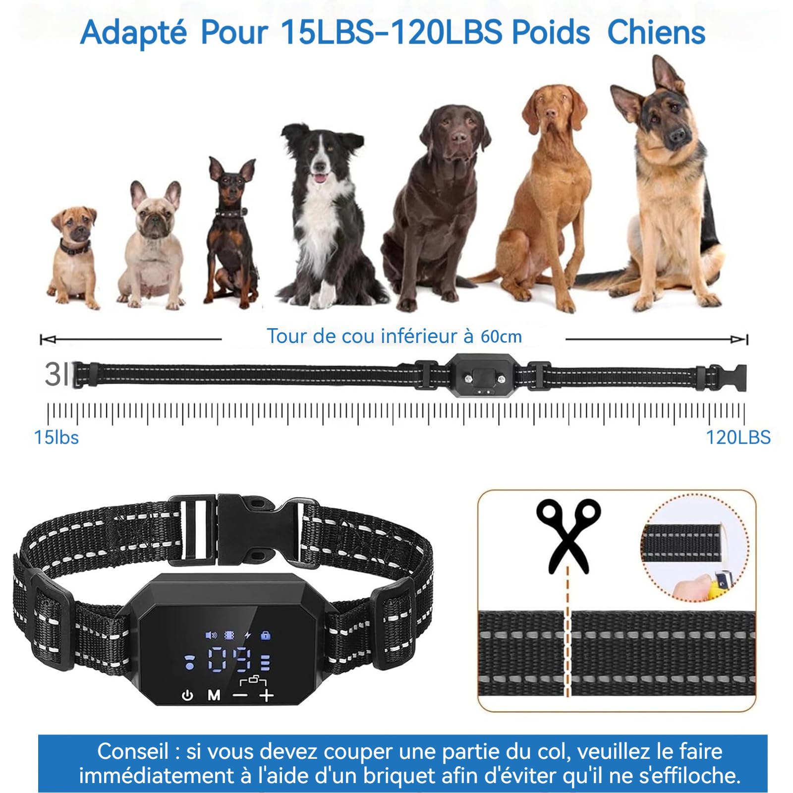 Collier Anti aboiement de Dressage Confozen 3 Warning Modes-Sangle réfléchissante réglable-Rayon de portée 30-300 m pour 15-120LBS GPS Dog Collar