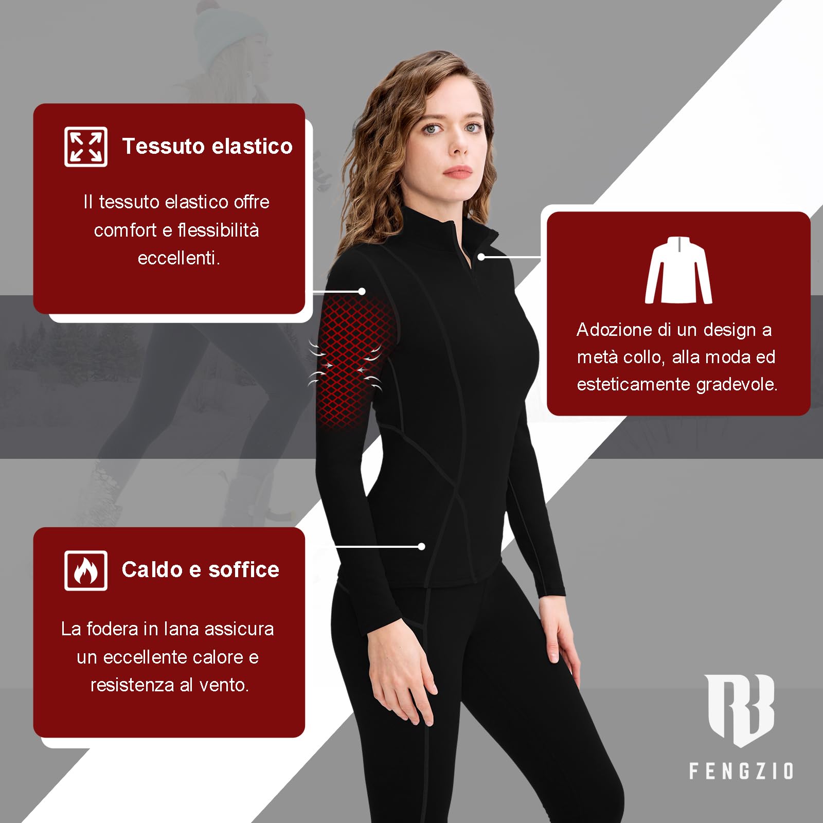 Fengzio Intimo Termico Donna Invernale, Maglia Termica Donno Funzionale Pantaloni e Maglie con Cerniera, Tuta Termice Donne Set per Sci Corsa Palestra