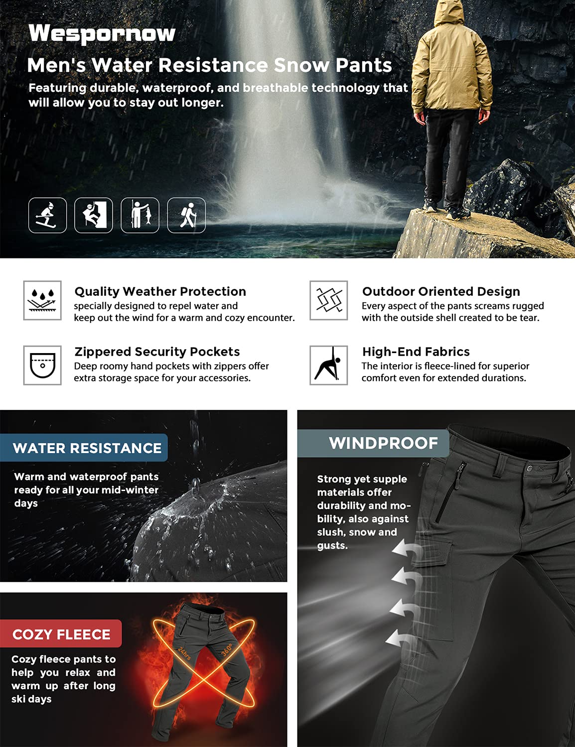 Wespernow Pantaloni Trekking Uomo Impermeabile Pantaloni da Lavoro Outdoor Pantaloni Neve Softshell per Trekking e Sport all'aperto | Pantaloni da neve impermeabili e antivento, foderati, con 4 tasche con cerniera, per escursioni invernali e snowboard