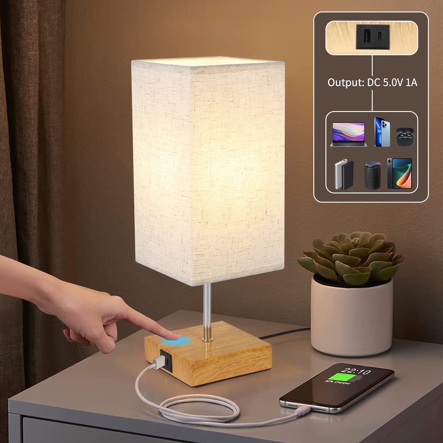 GBLY Bedlamp Touch Dimbaar met Oplaadfunctie - Vintage Tafellamp met USB- poorten, Houtlook, Stoffen Kap, E27 voor Slaapkamer, Hotelbed, Gang