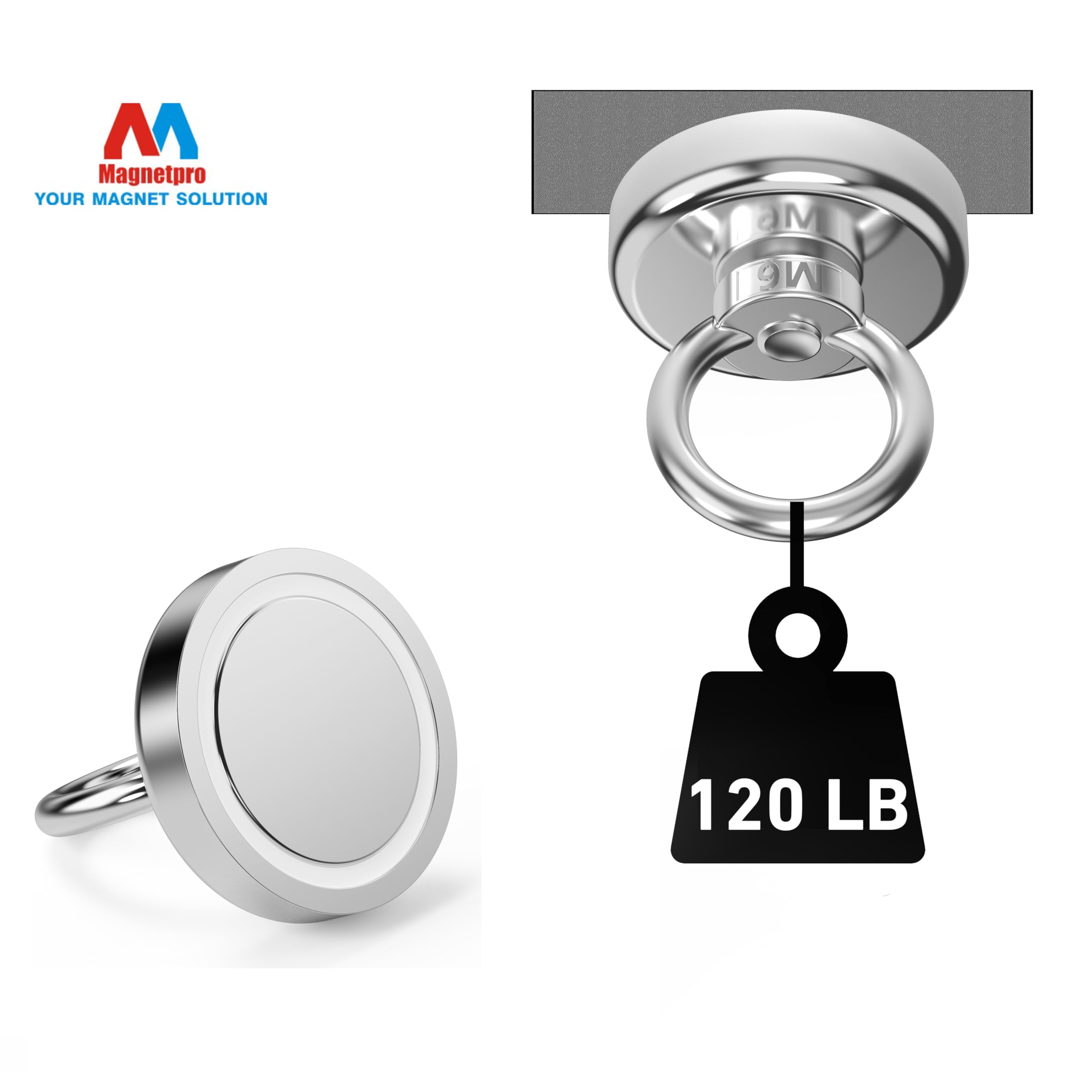 Magnetpro - Lot de 6 crochets magnétiques en néodyme ultra résistants de 55 kg - Crochets magnétiques avec Counterunk Hole Eyebolt pour cuisine domestique, lieu de travail et garage